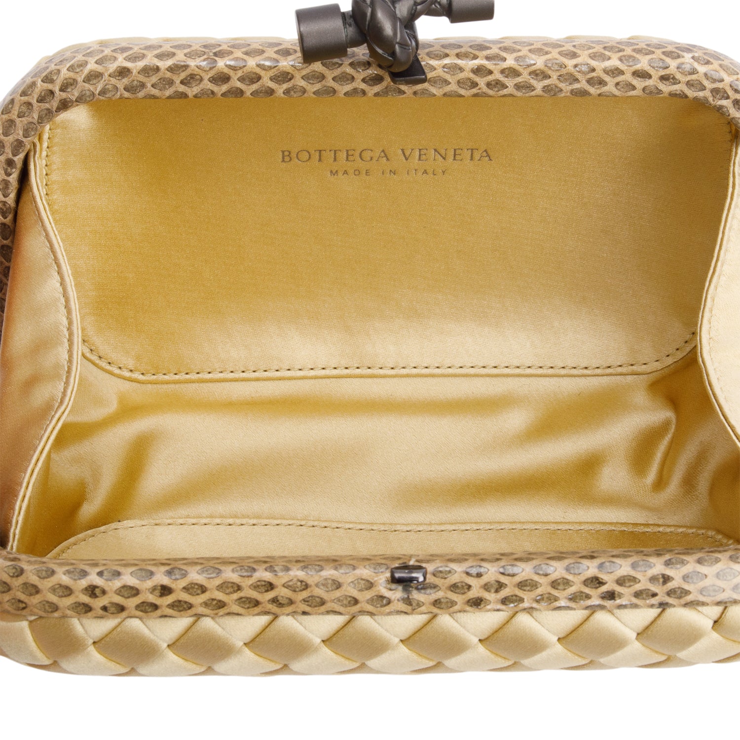 Bottega Veneta Gold Snakeskin-Trimmed Intrecciato Satin Knot Clutch