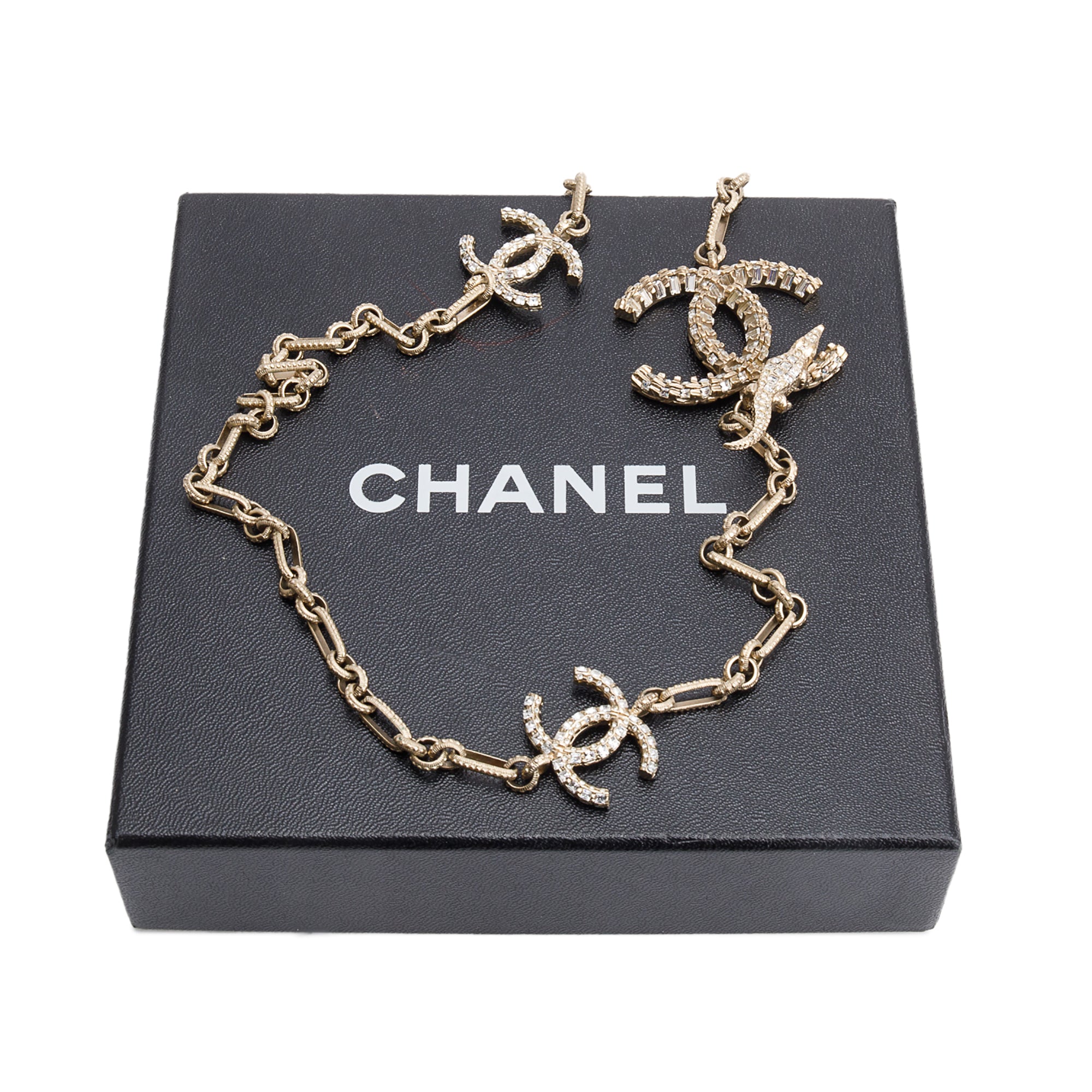 Chanel Gold Plated Strass CC Alligator Chain Long Necklace w/ Box