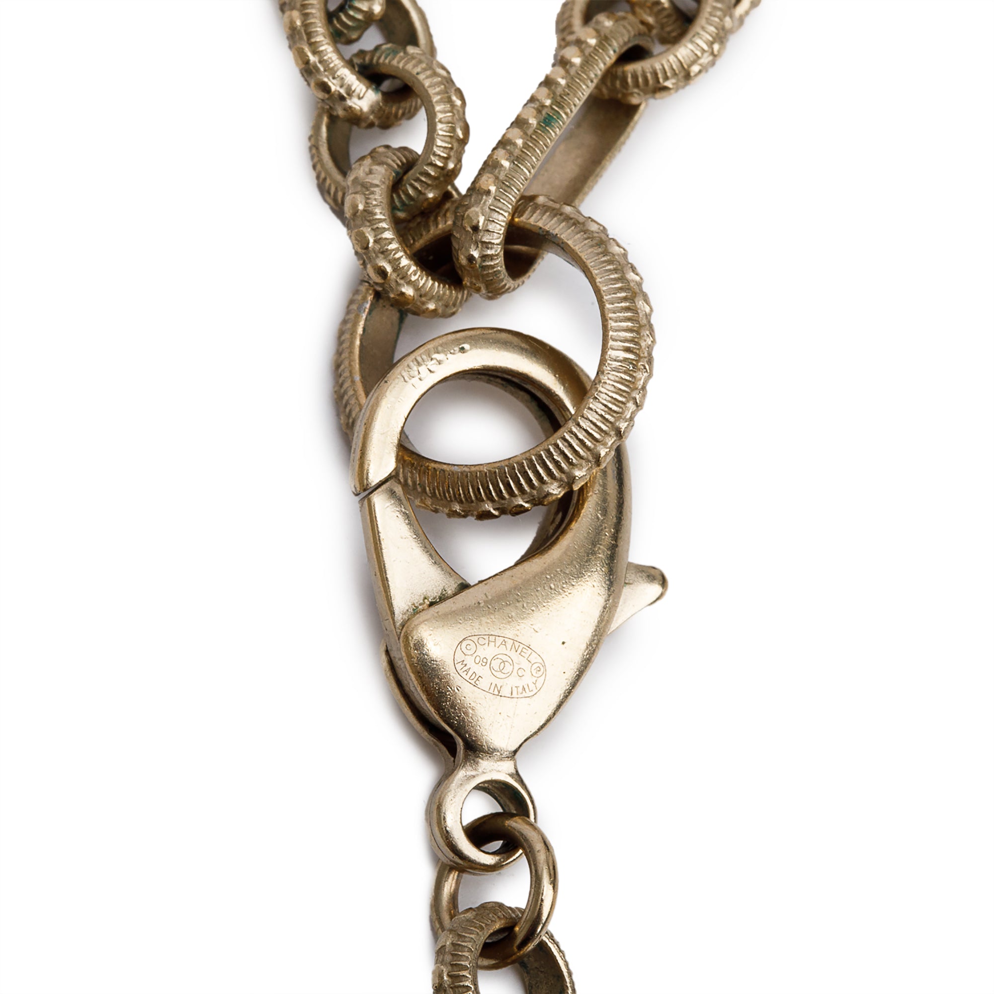 Chanel Gold Plated Strass CC Alligator Chain Long Necklace w/ Box