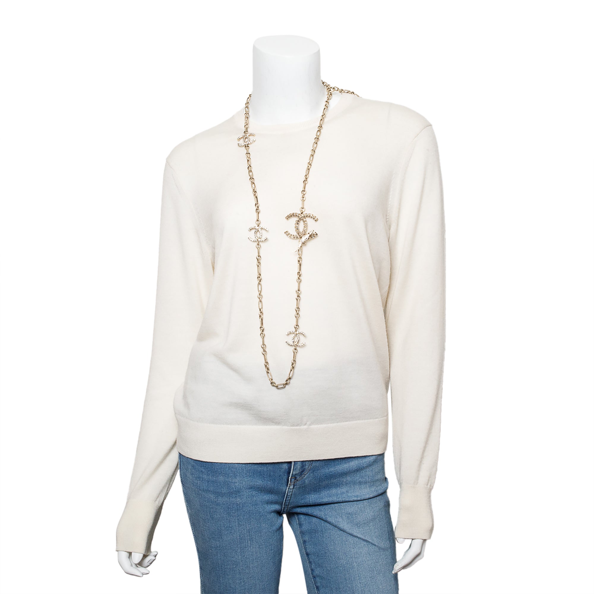 Chanel Gold Plated Strass CC Alligator Chain Long Necklace w/ Box