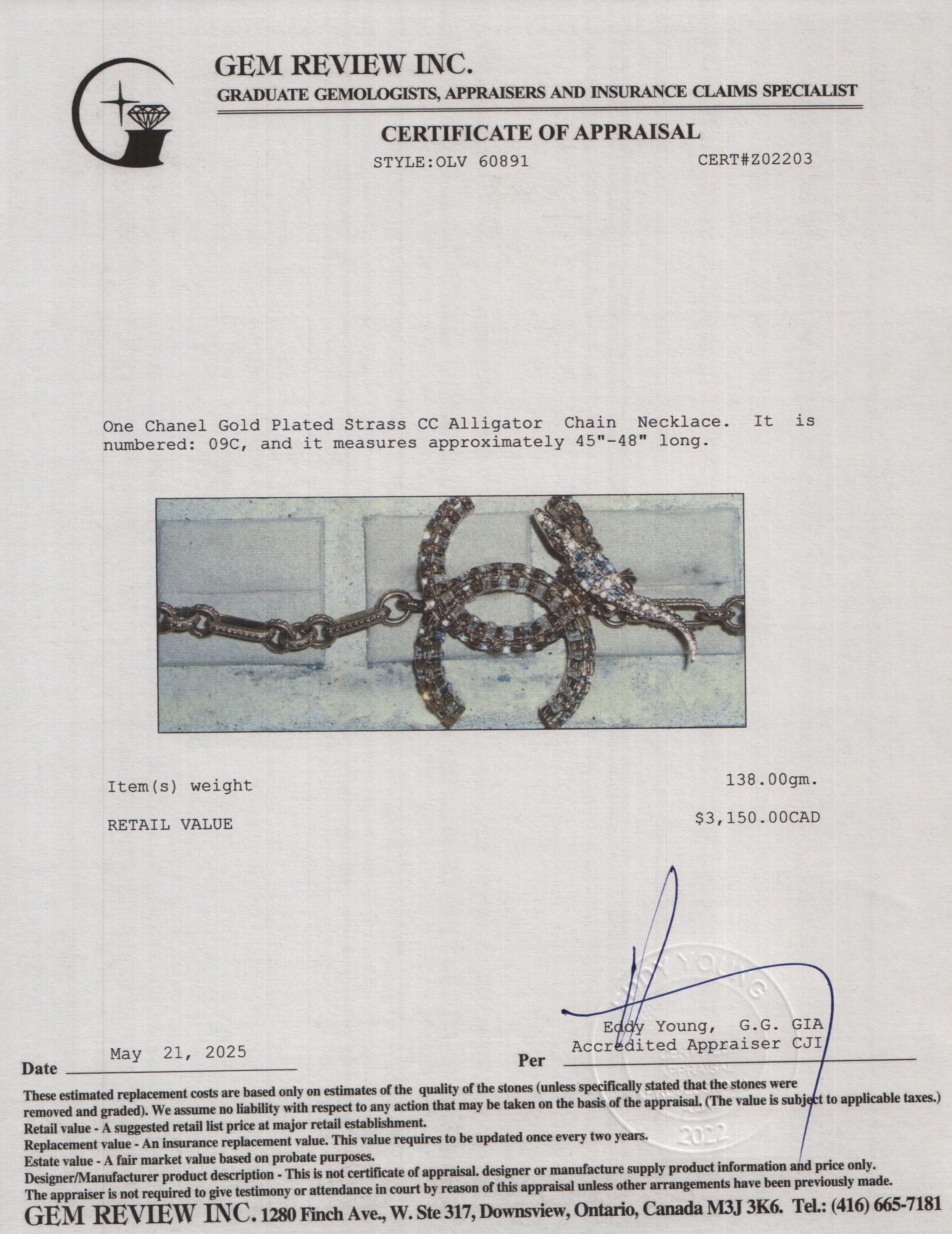 Chanel Gold Plated Strass CC Alligator Chain Long Necklace w/ Box