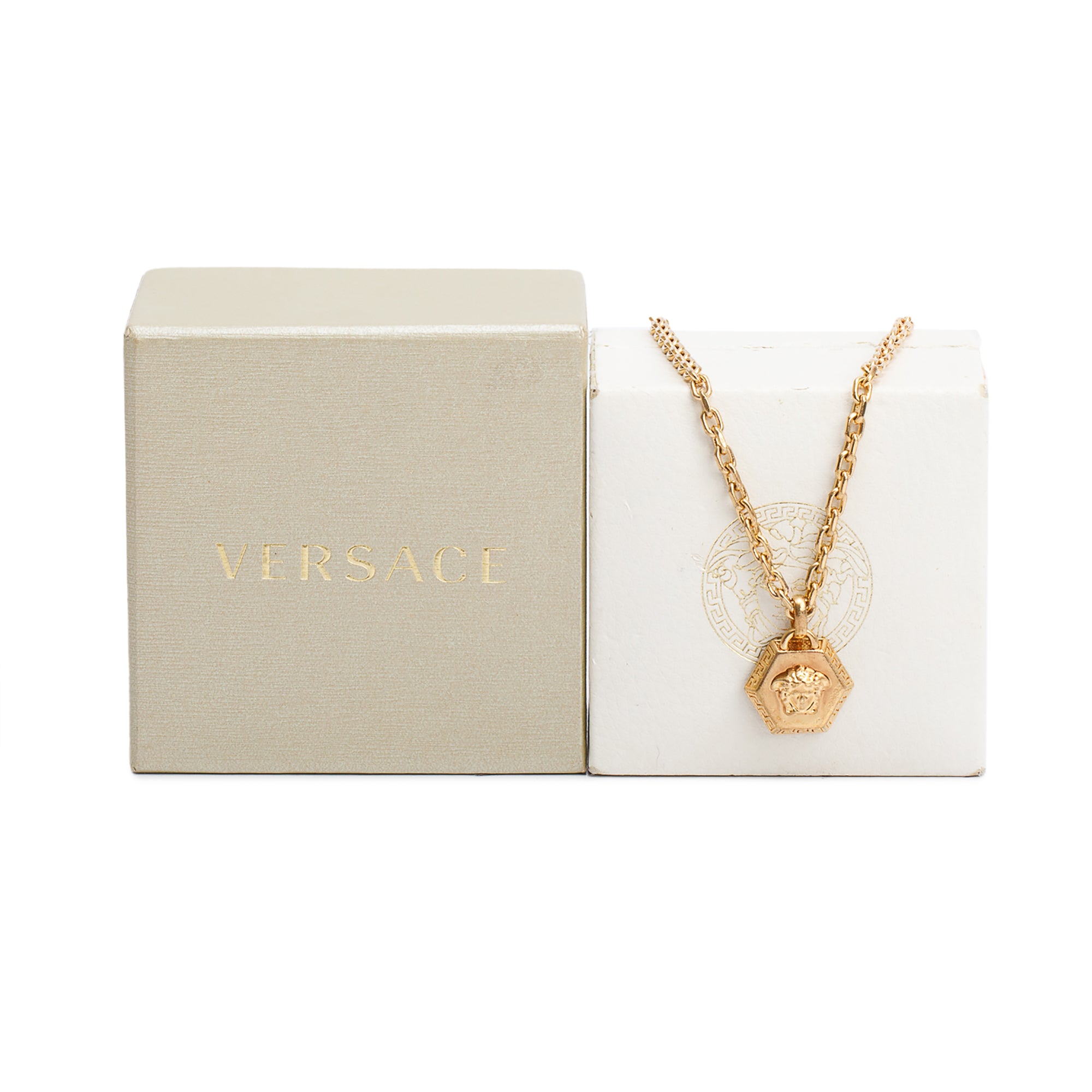 Versace Gold Plated Medusa Hexagon Pendant Necklace w/ Box, Receipt & Authenticity Card