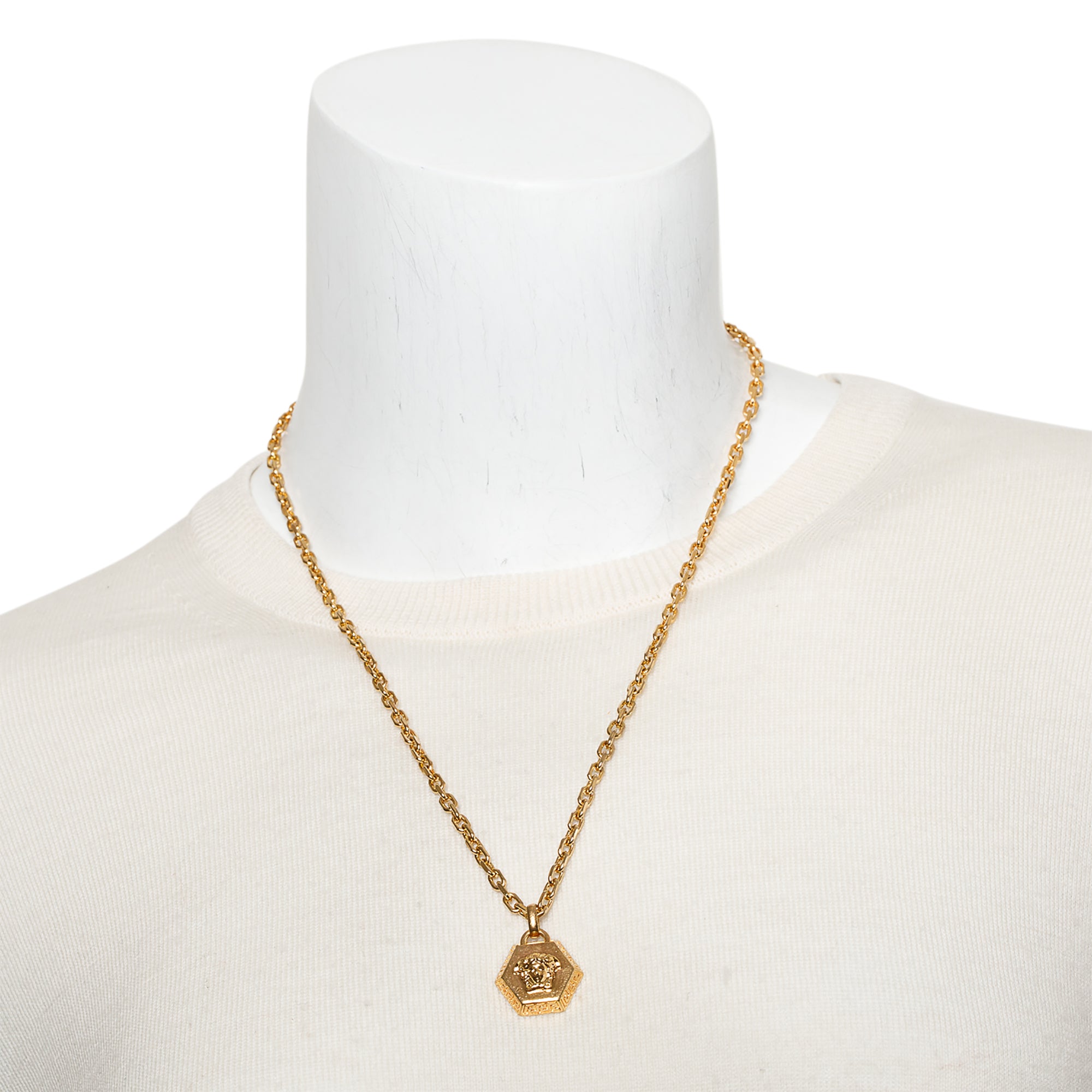 Versace Gold Plated Medusa Hexagon Pendant Necklace w/ Box, Receipt & Authenticity Card