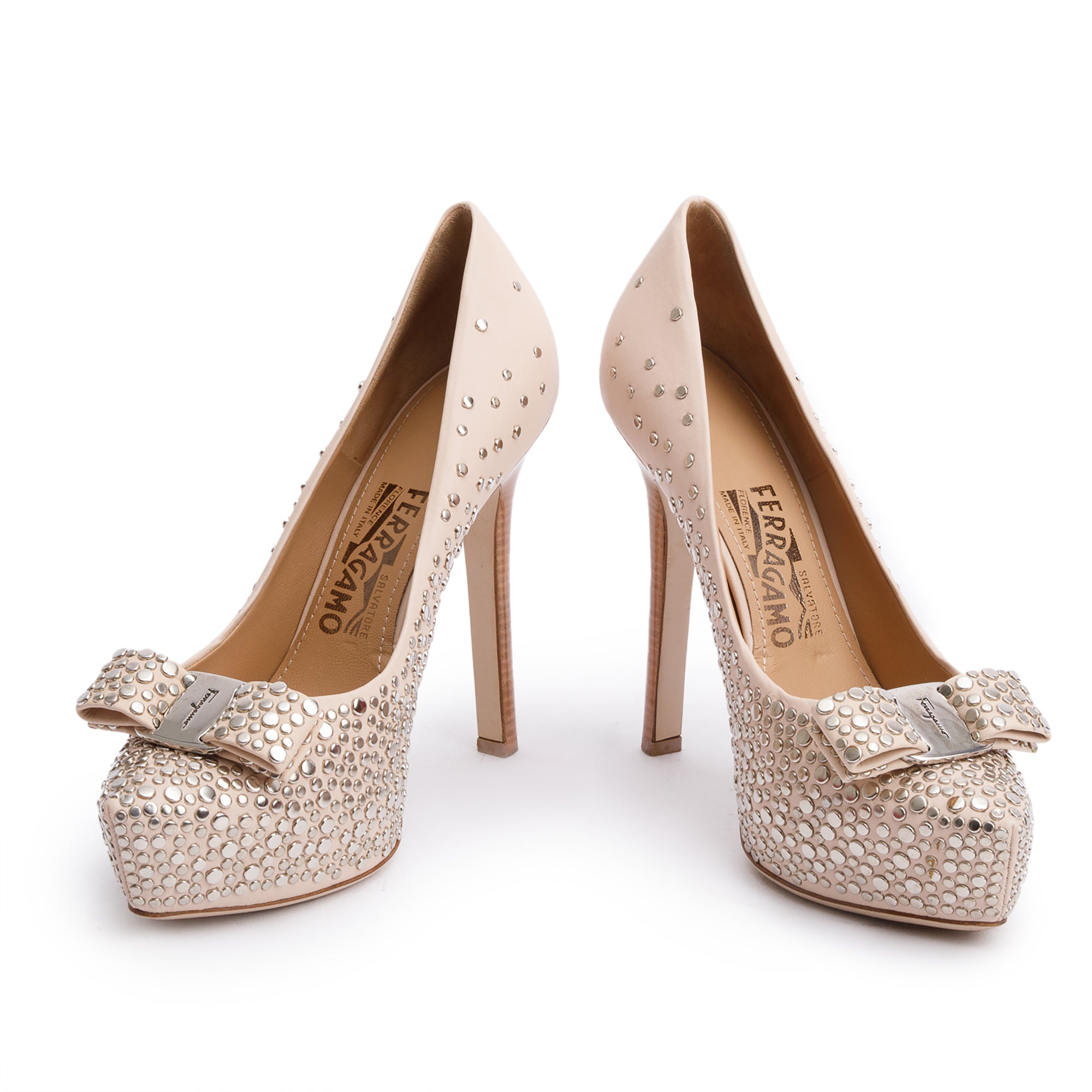 Salvatore Ferragamo Beige Leather Vara Bow Studded Platform Pumps, Size 7 w/ Box