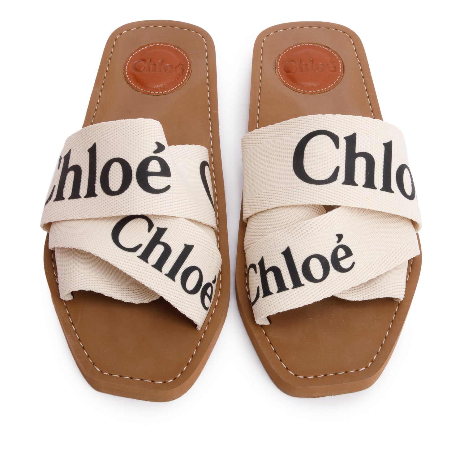 Chloe Leather Trimmed Neutral Linen Logo Woody Slide Sandals, Size 37 w/ Box