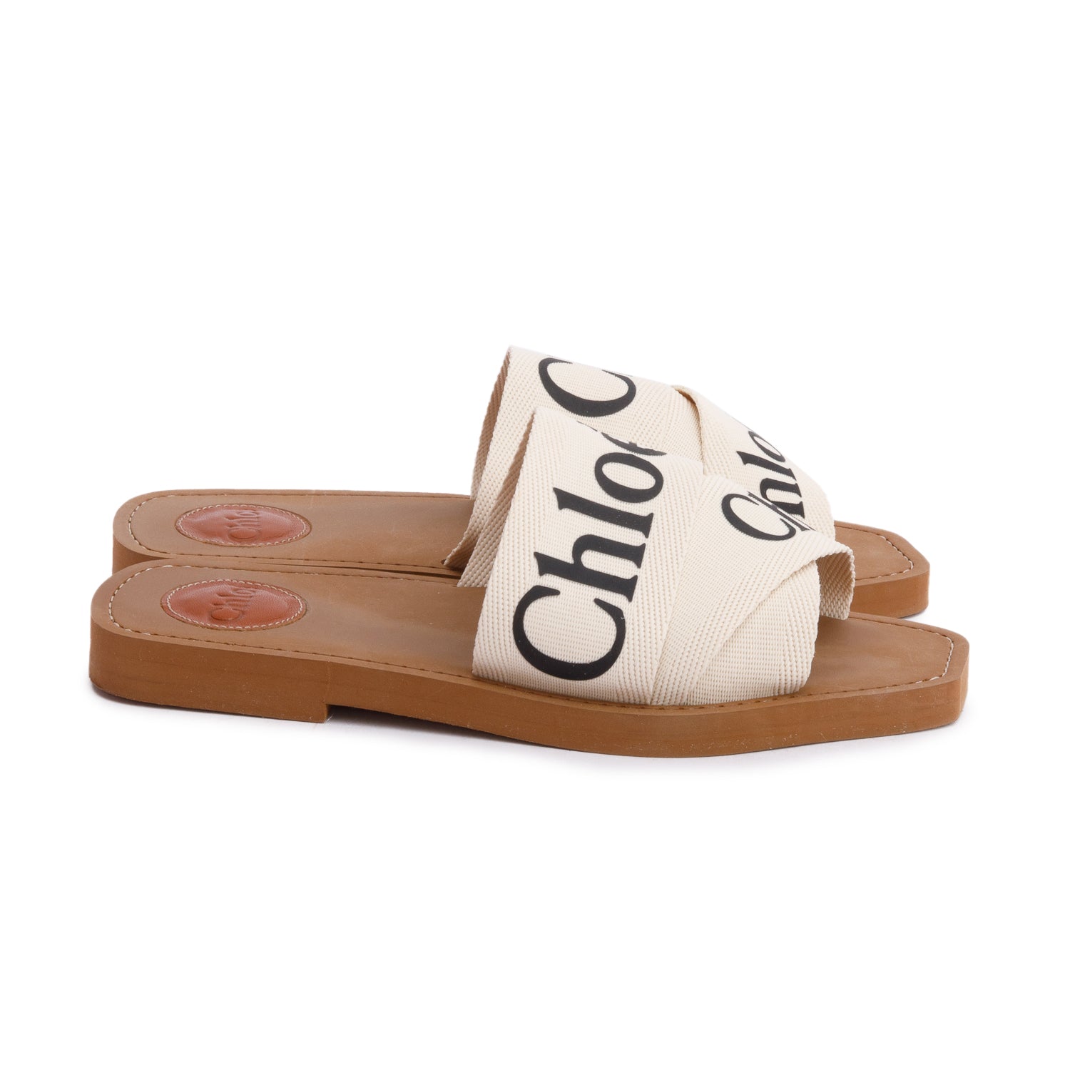 Chloe Leather Trimmed Neutral Linen Logo Woody Slide Sandals, Size 37 w/ Box