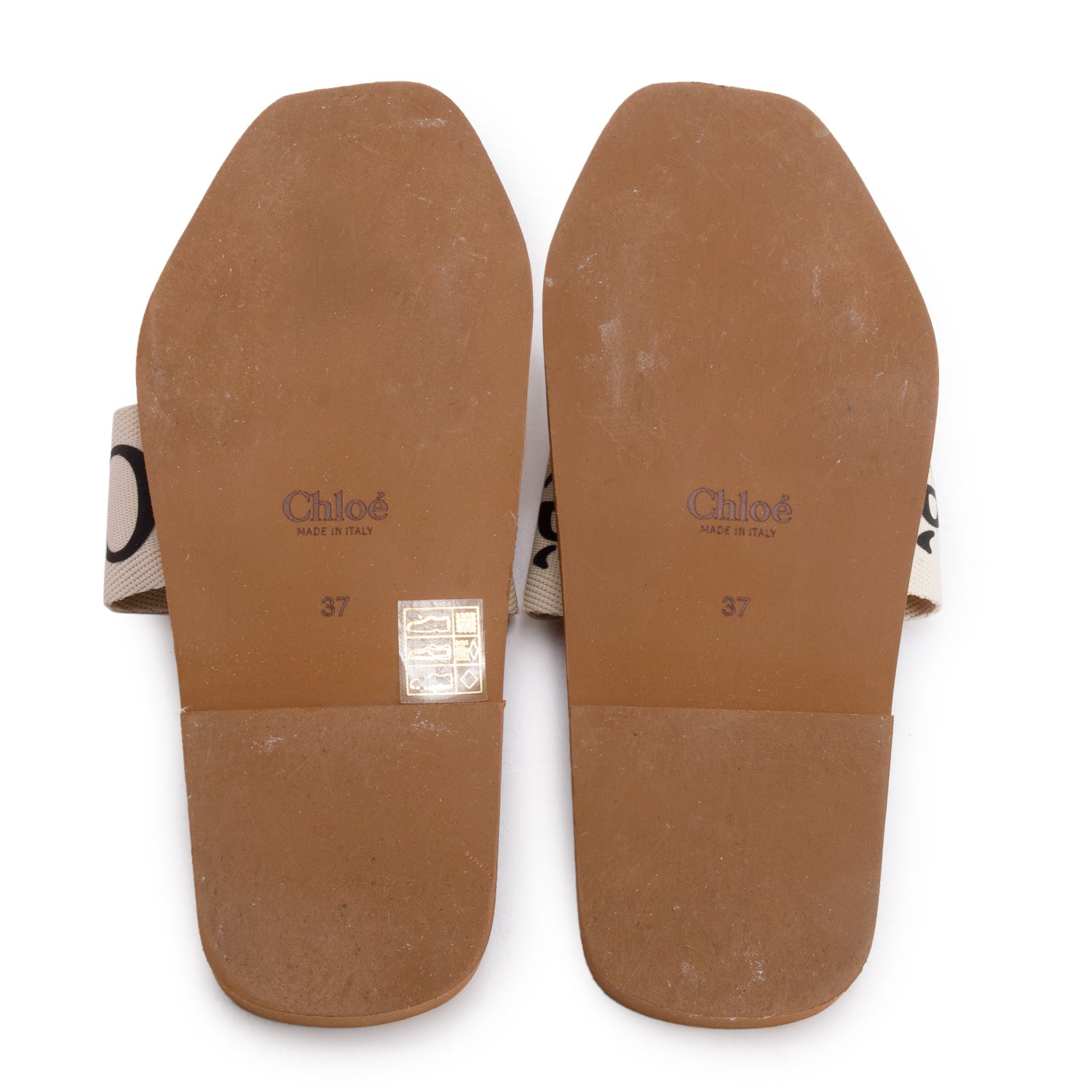 Chloe Leather Trimmed Neutral Linen Logo Woody Slide Sandals, Size 37 w/ Box