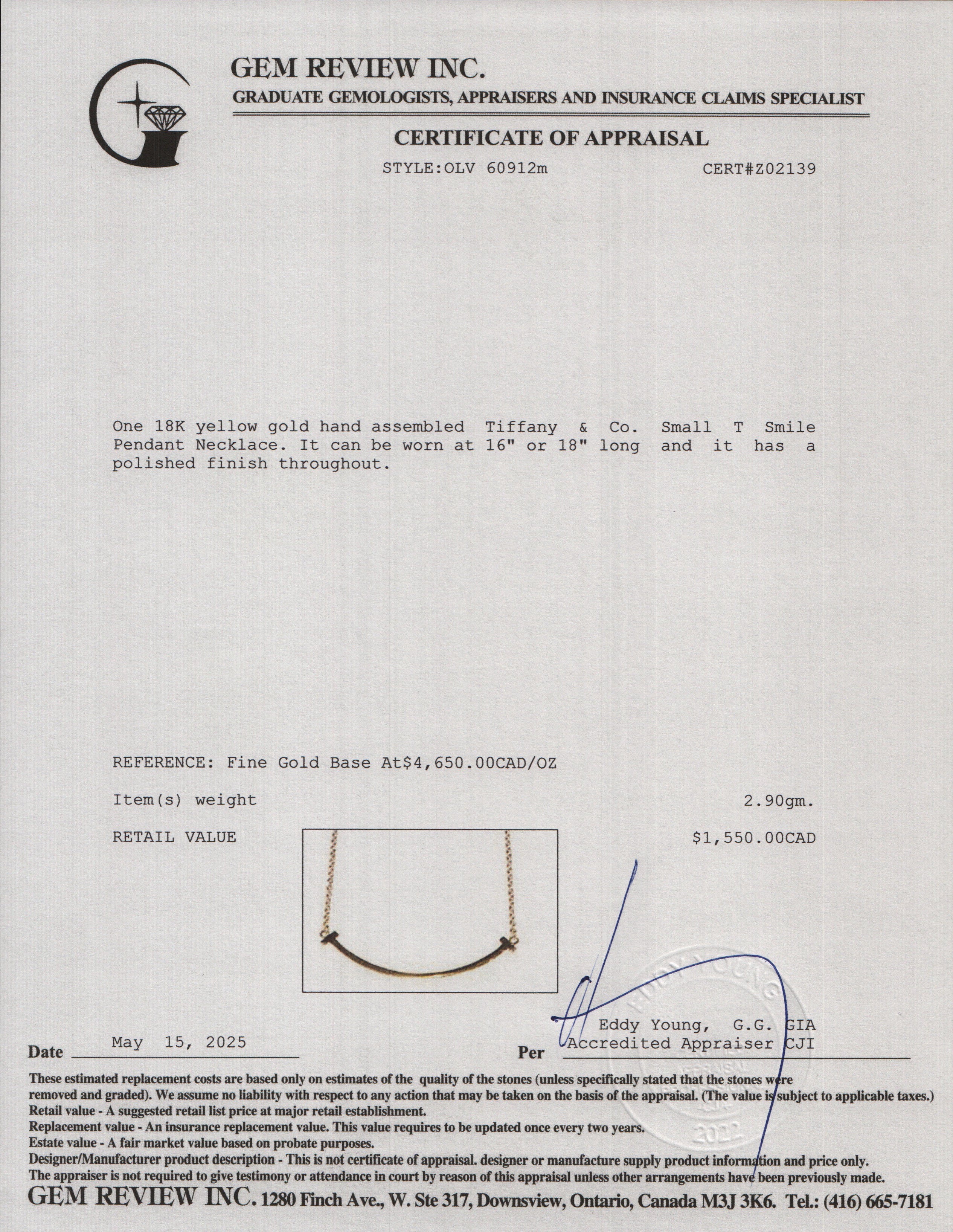 Tiffany & Co. 18k Yellow Gold Small T Smile Pendant Necklace w/ Box