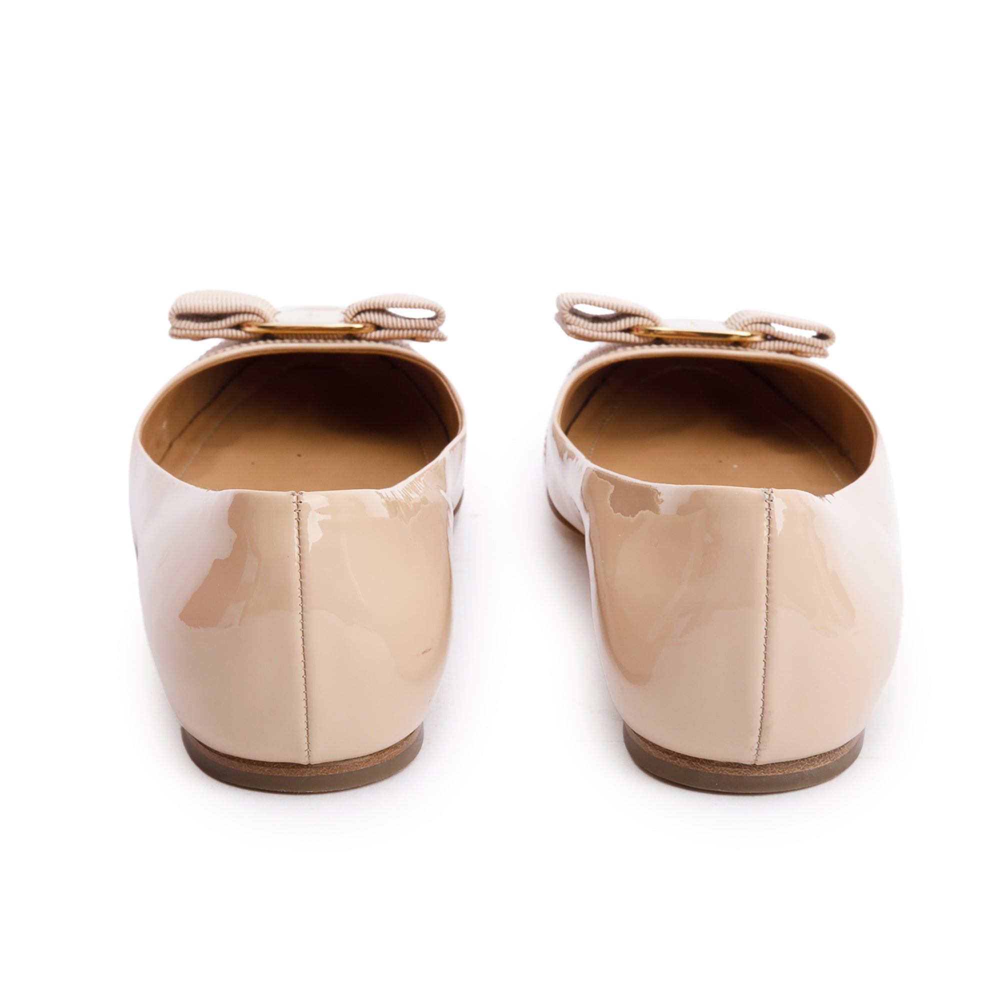 Salvatore Ferragamo Beige Patent Leather Vara Bow Ballet Flats, Size 7.5 w/ Box