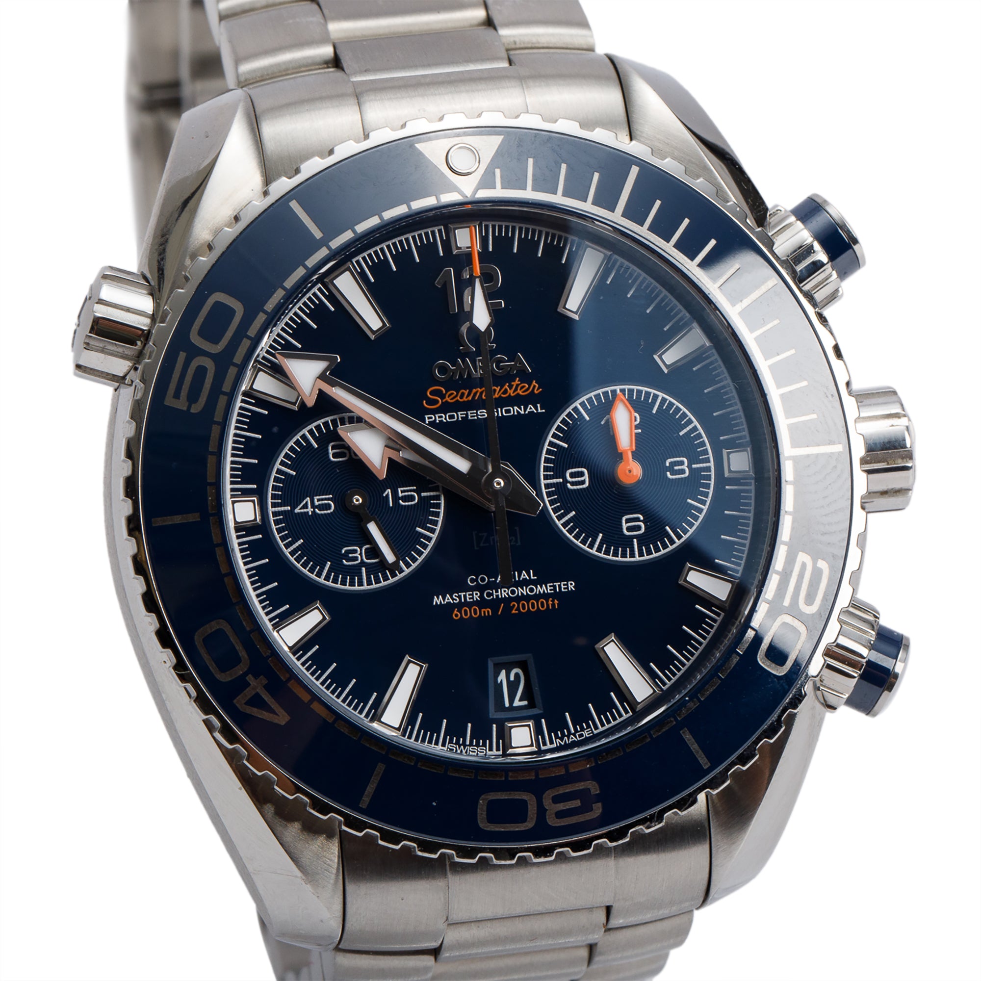 Omega 2021 Stainless Steel Seamaster Planet Ocean 600M 45.5 MM Co-Axial Master Chronometer Chronograph Automatic Watch Blue Dial w/ Box & Papers