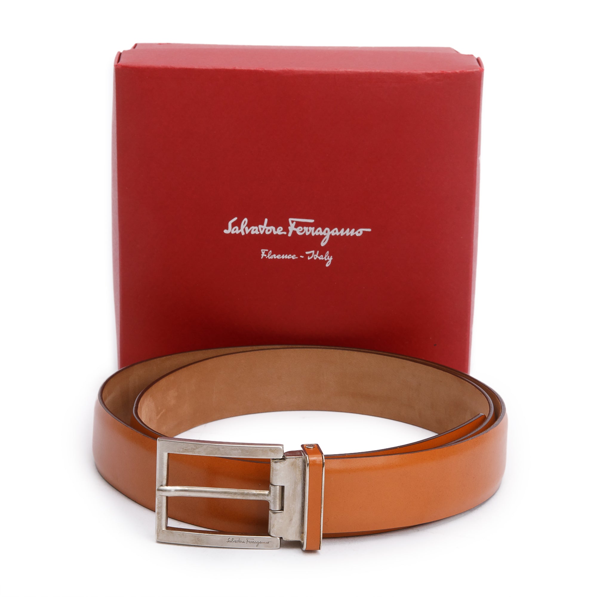 Ferragamo Brown Leather Adjustable Rectangular Buckle Belt w/ Box