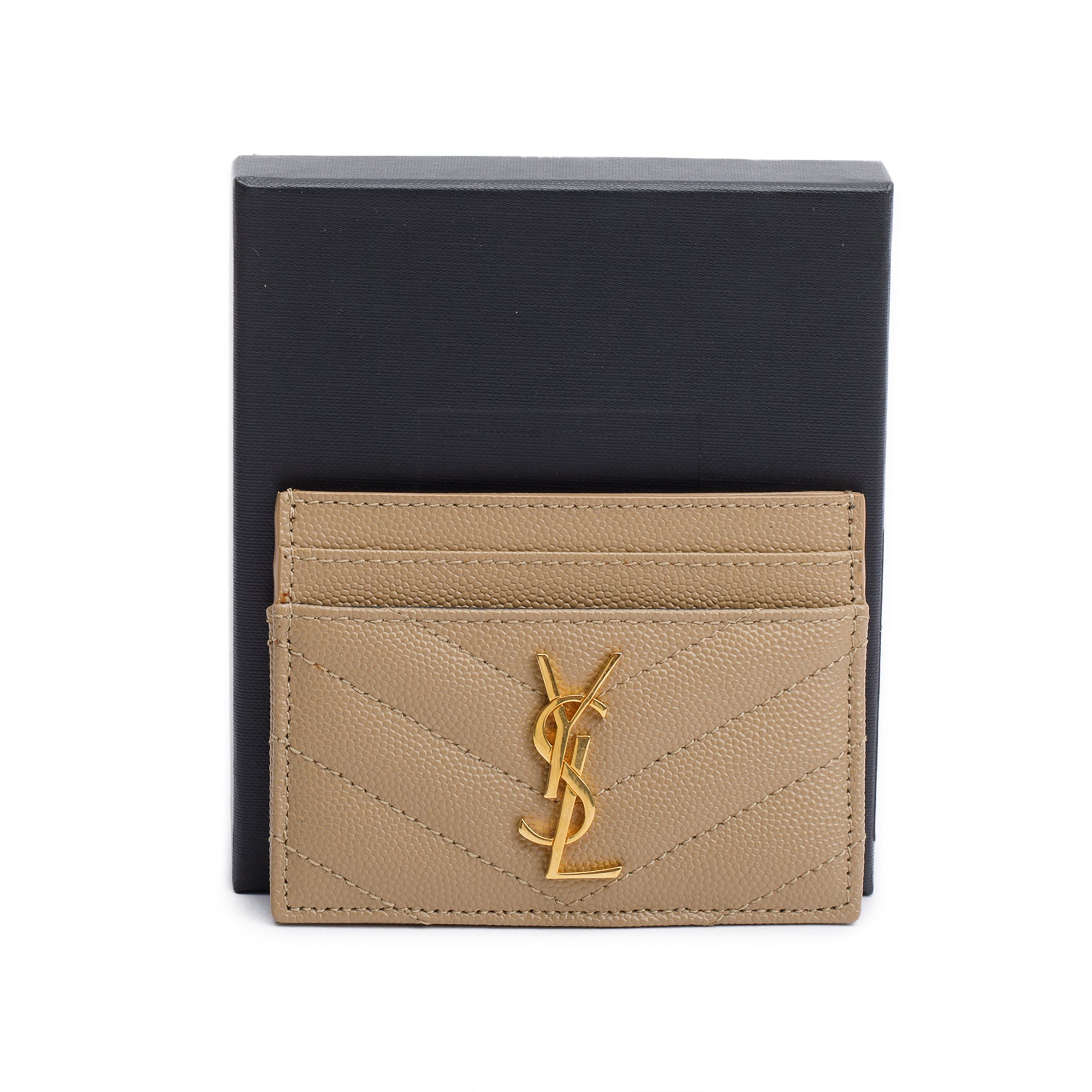 Saint Laurent Beige Grain de Poudre Matelasse Chevron Leather Card Case w/ Box