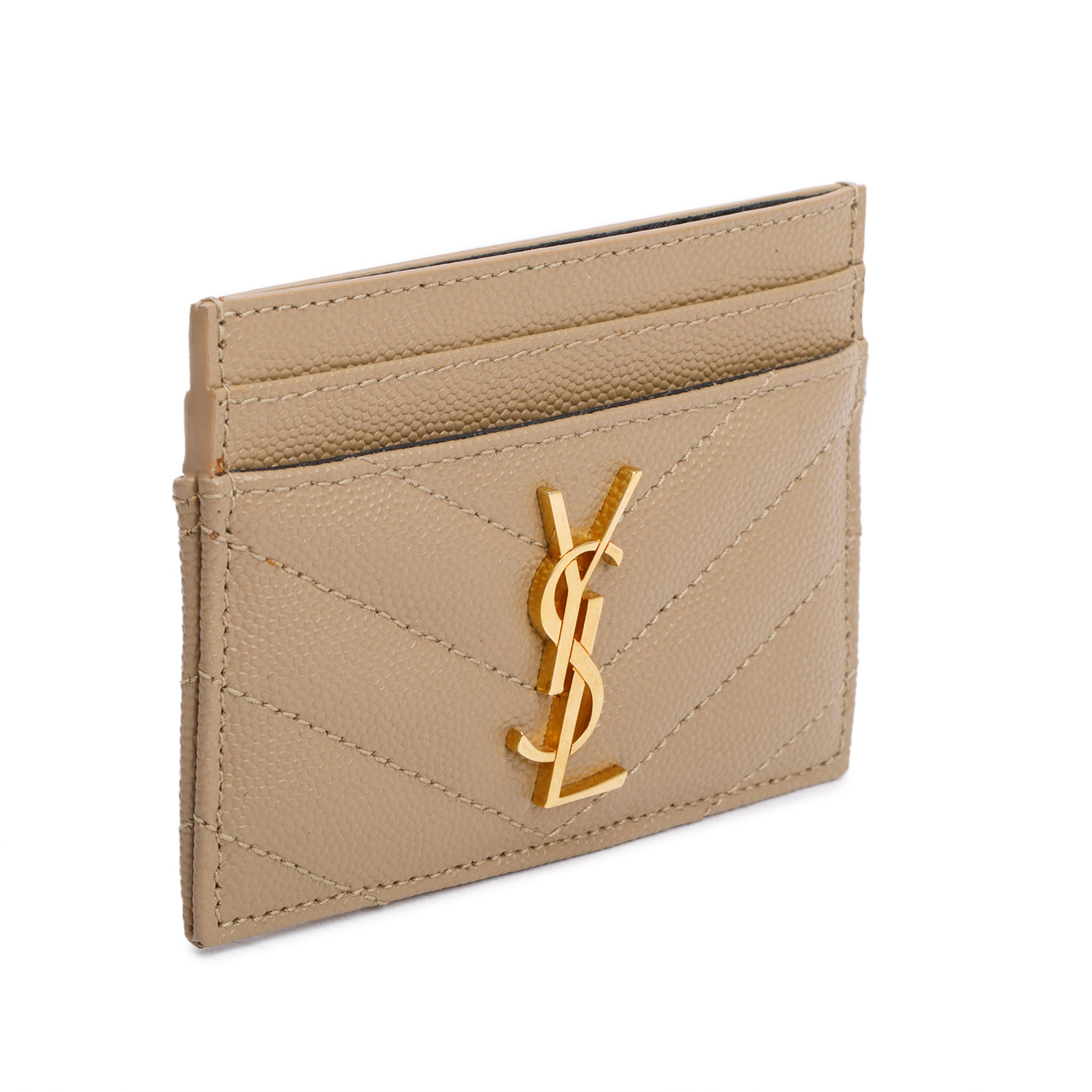 Saint Laurent Beige Grain de Poudre Matelasse Chevron Leather Card Case w/ Box