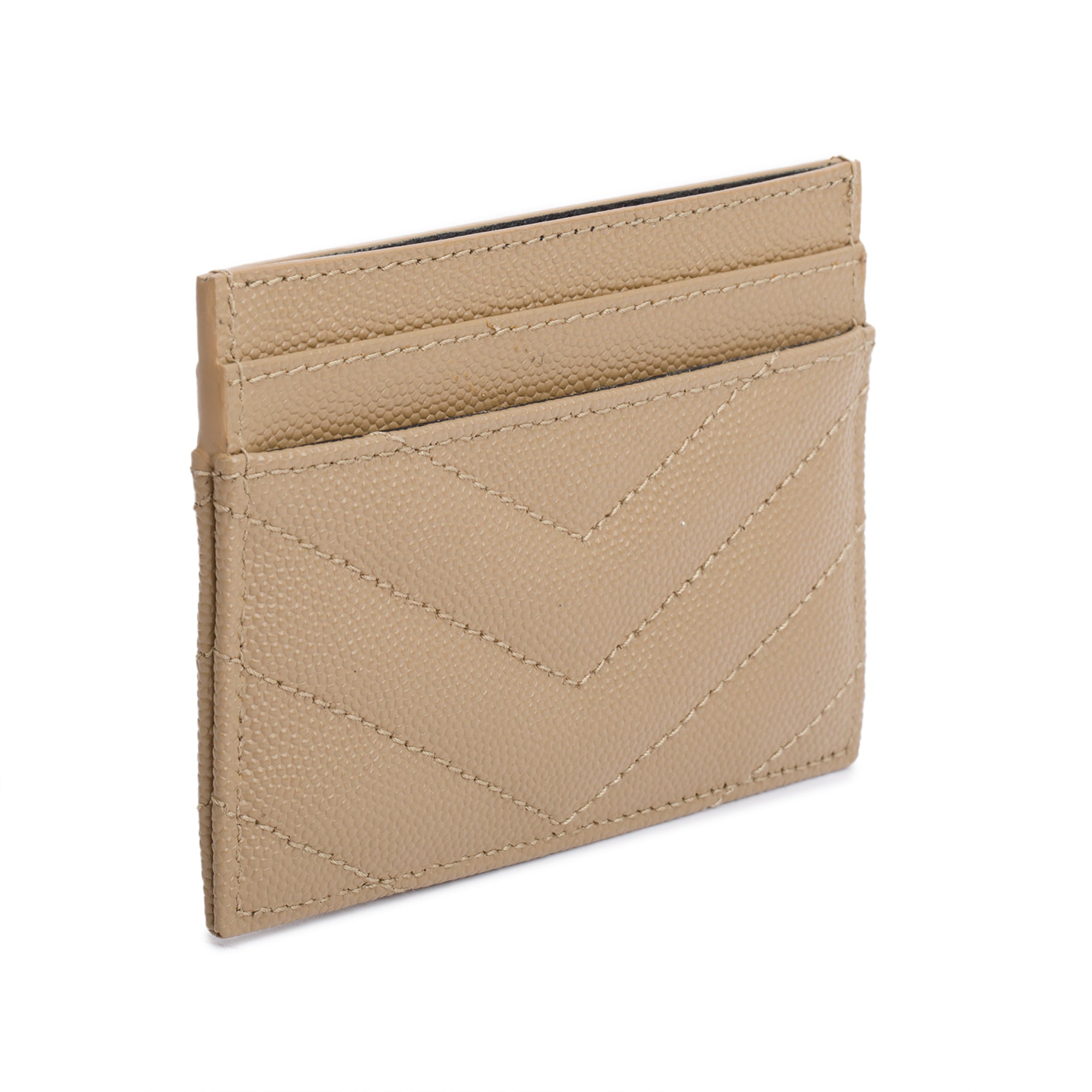 Saint Laurent Beige Grain de Poudre Matelasse Chevron Leather Card Case w/ Box