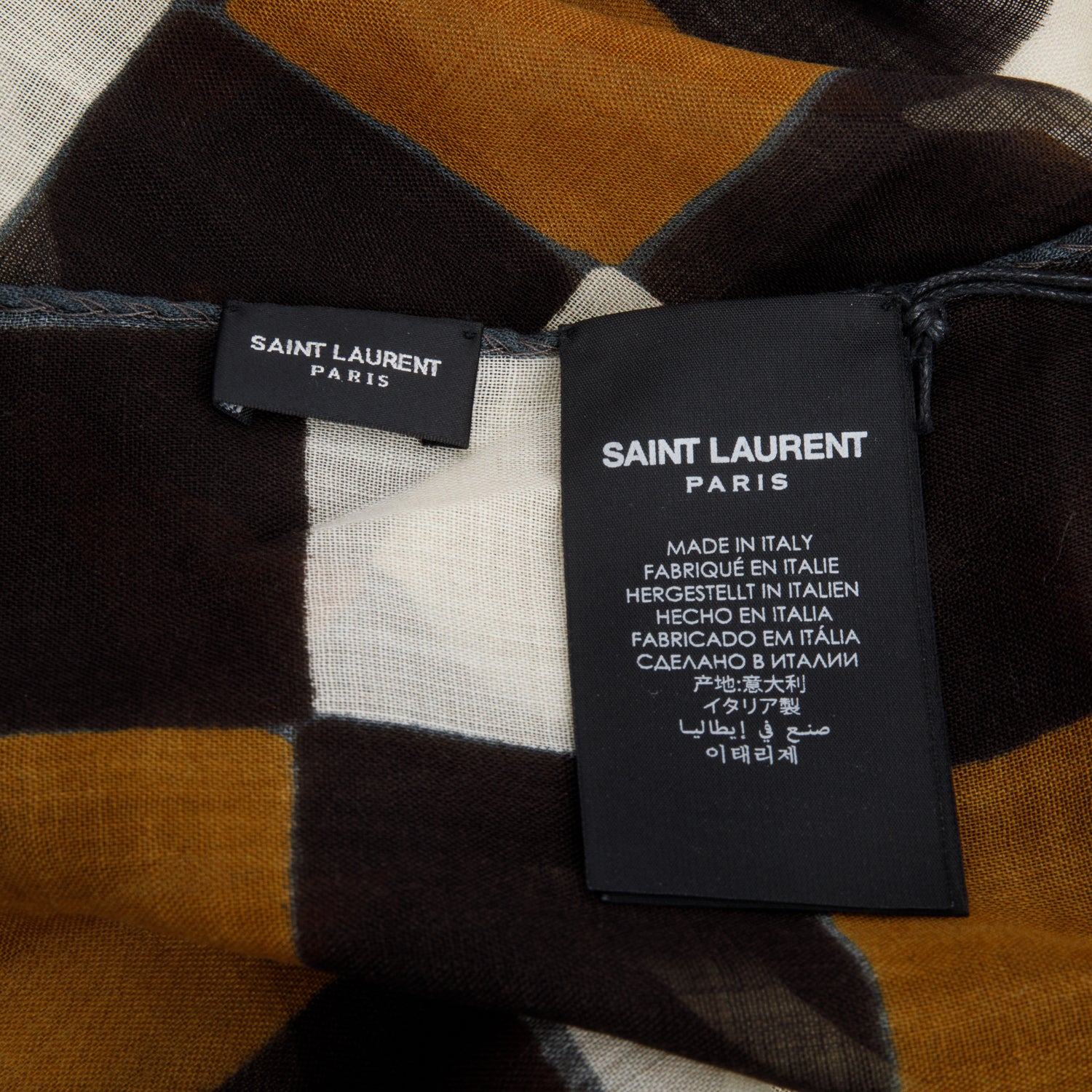 Saint Laurent Brow/White Plaid Print Square Silk Scarf