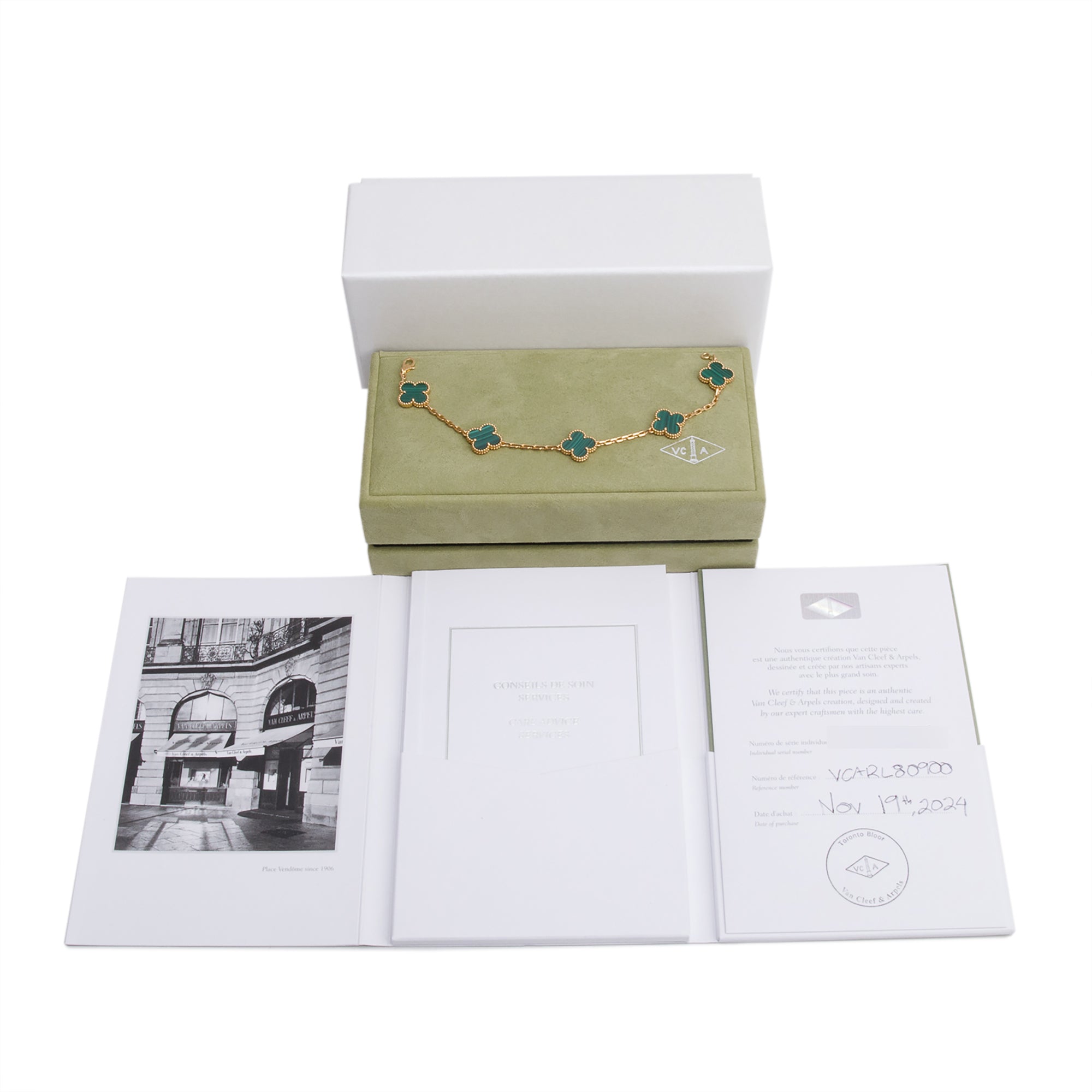 Van Cleef & Arpels 2024 18k Yellow Gold Vintage 5 Motif Malachite Bracelet w/ Box & Certificate