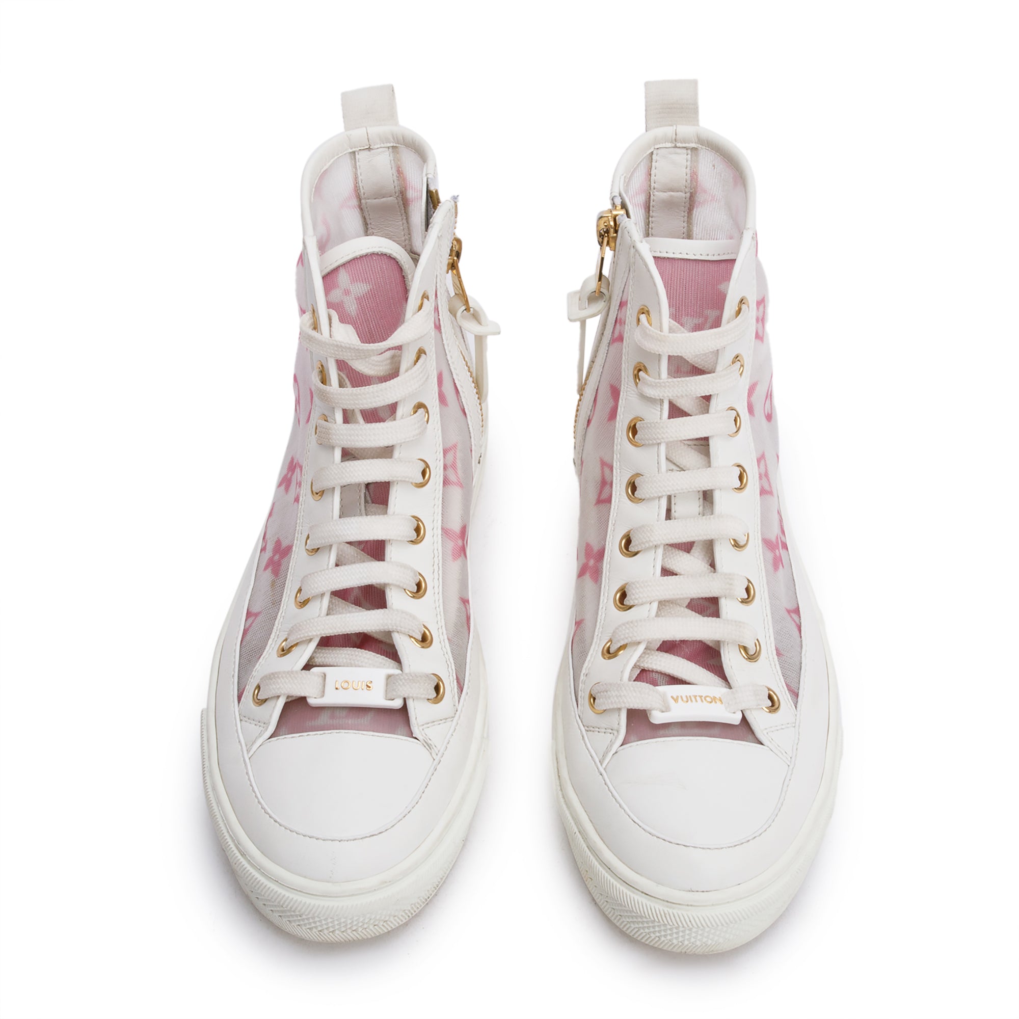 Louis Vuitton 2020 White Leather Pink Monogram Mesh Stellar Sneakers, Size 36