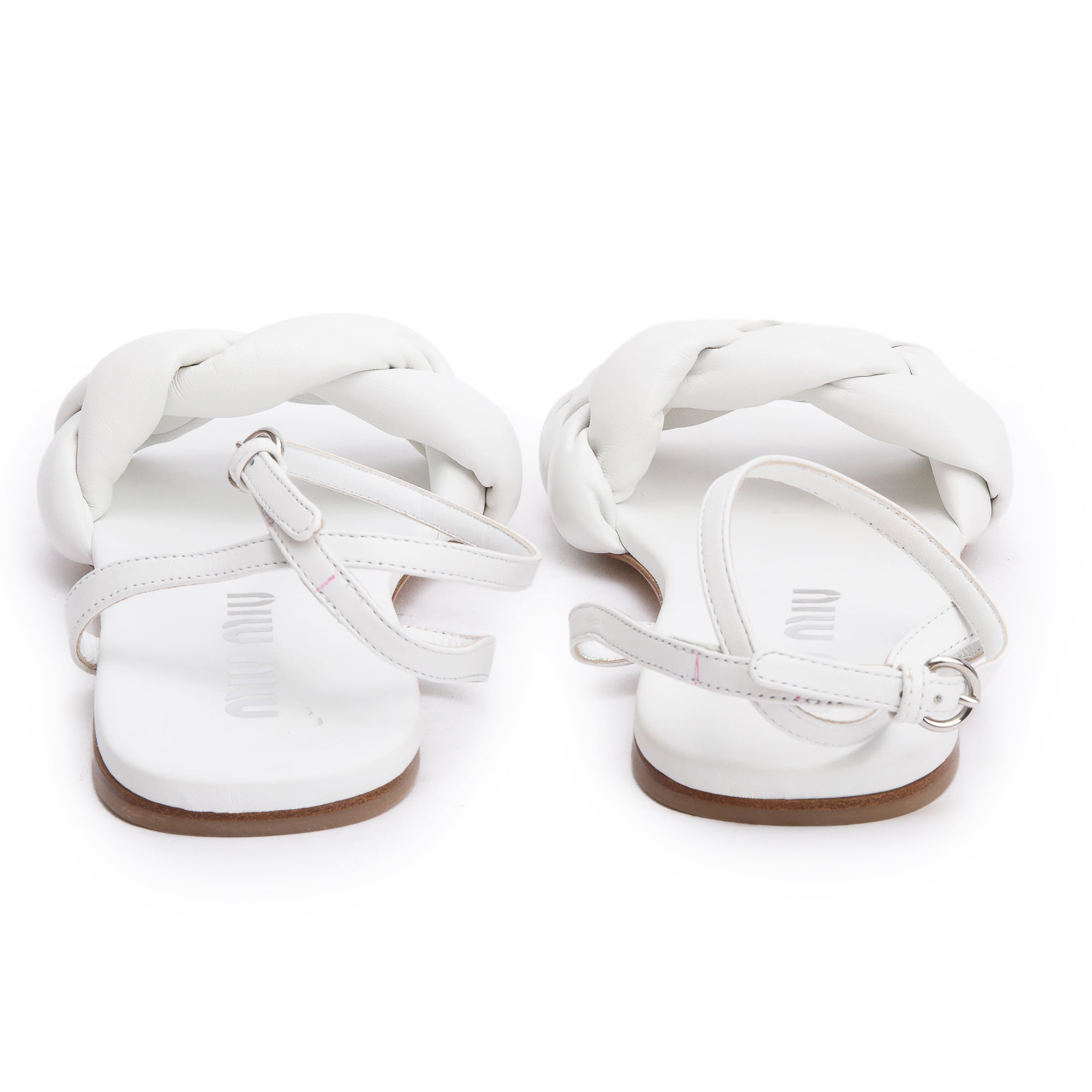 Miu Miu White Nappa Leather Puffy Sling Back Flat Sandals, Size 35.5