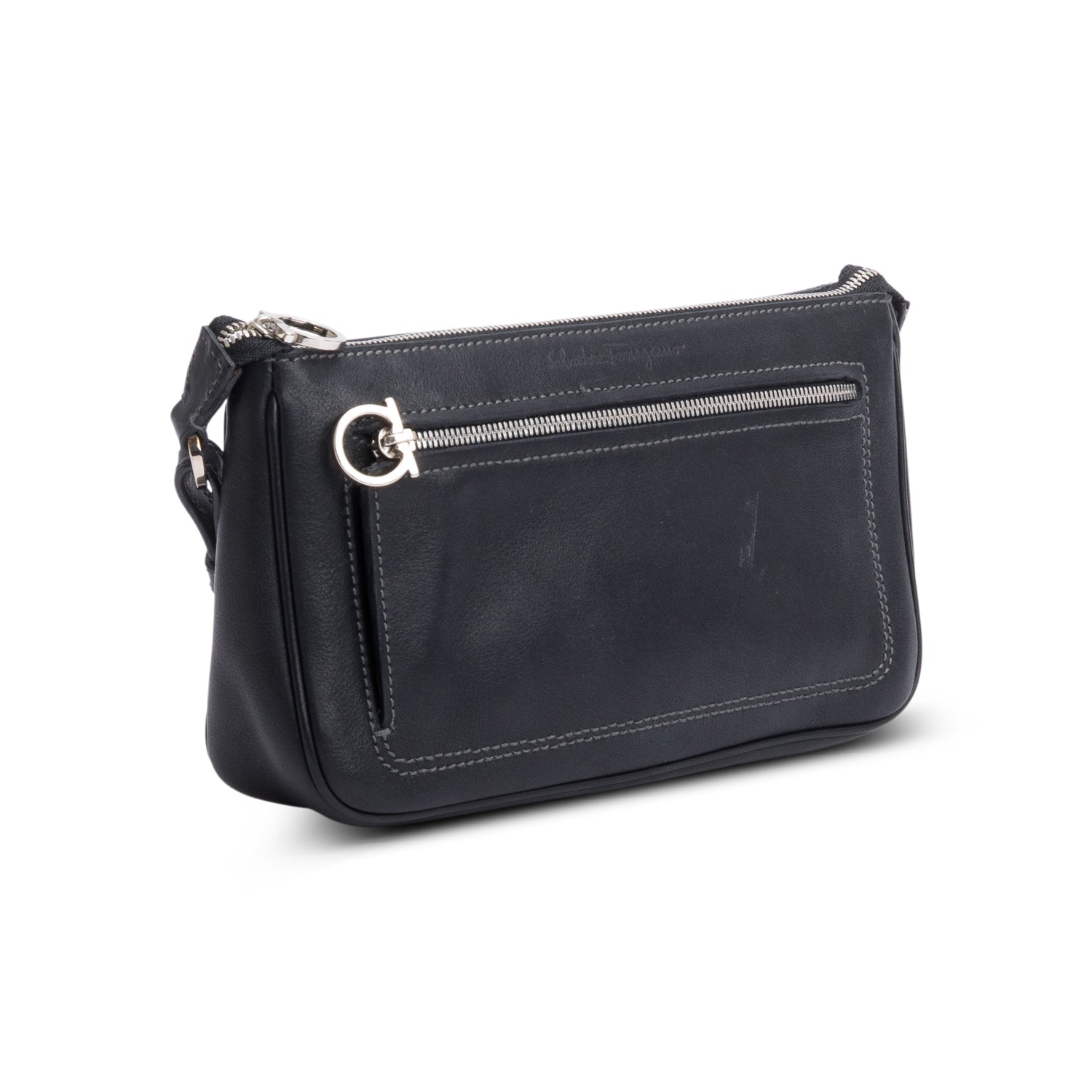 Ferragamo Black Leather Double Gancini Mini Pochetter Bag