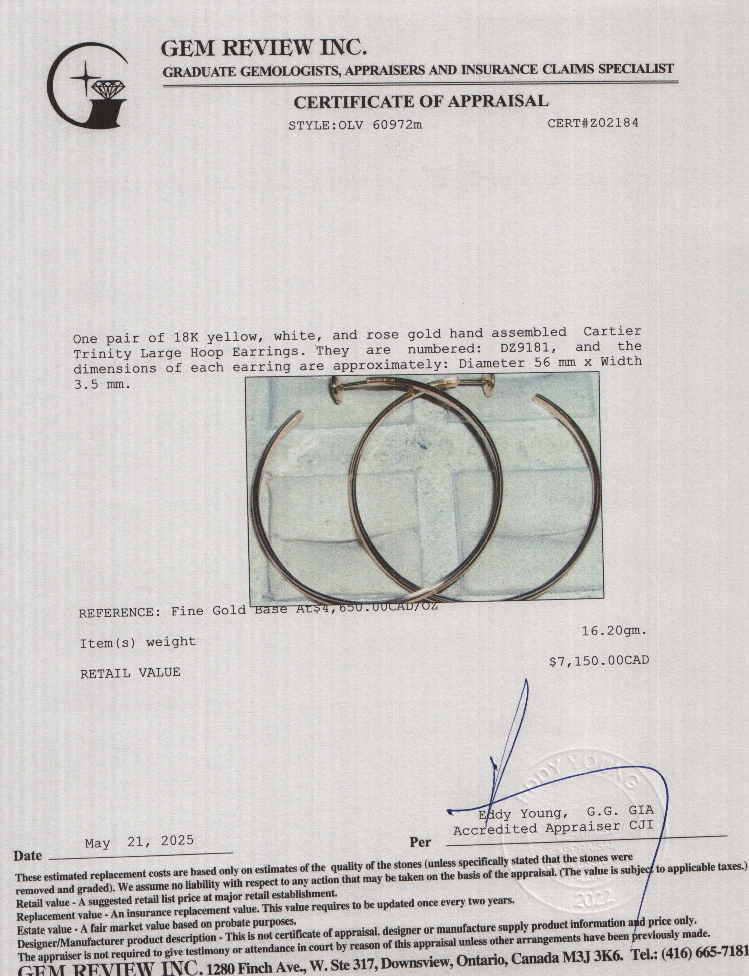 Cartier 18k Yellow, White & Rose Gold Trinity Large Hoop Earrings w/ Certificate