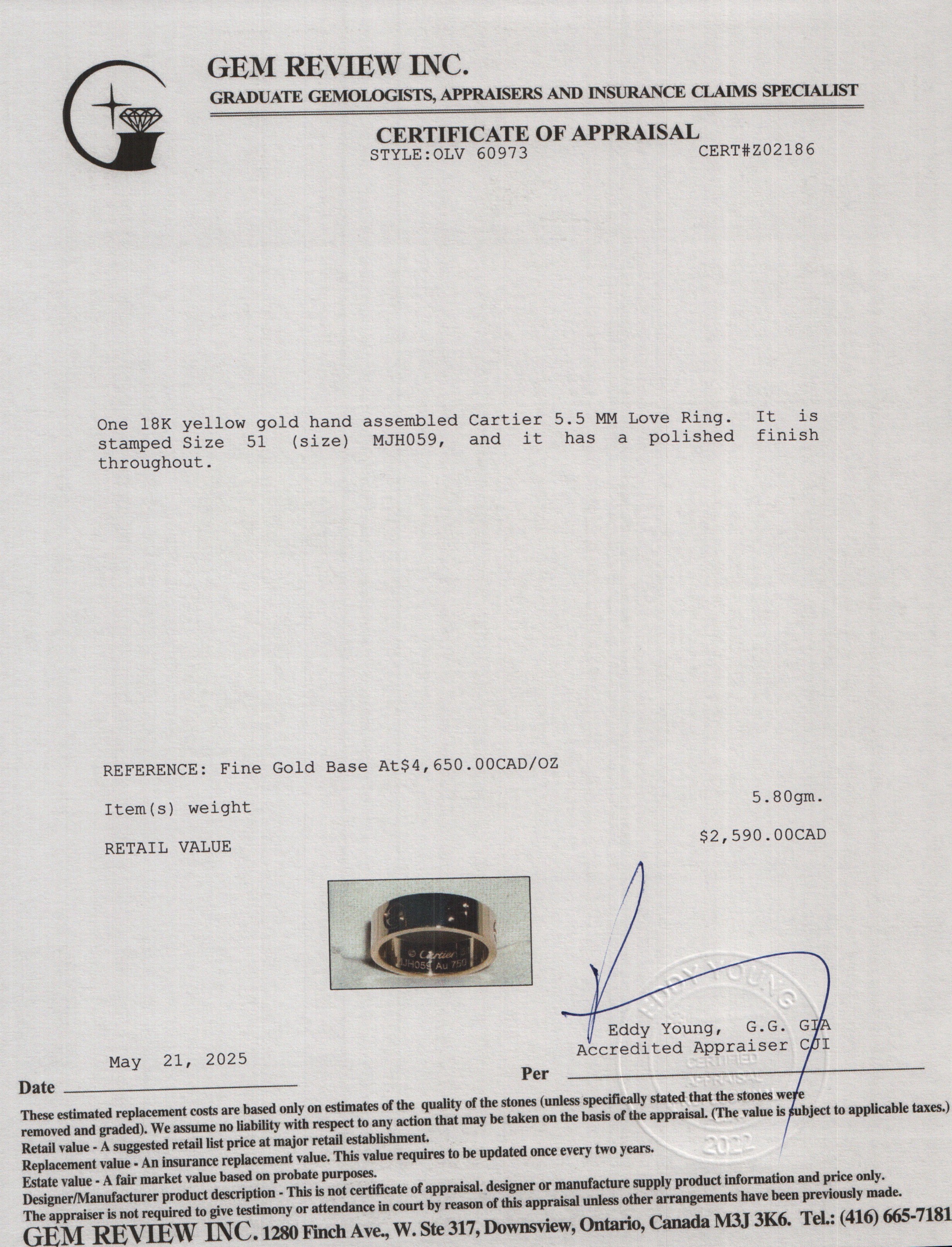 Cartier 2021 18k Yellow Gold 5.5 MM Love Ring, Size 51 5.75 w/ Box, Receipt & Certificate