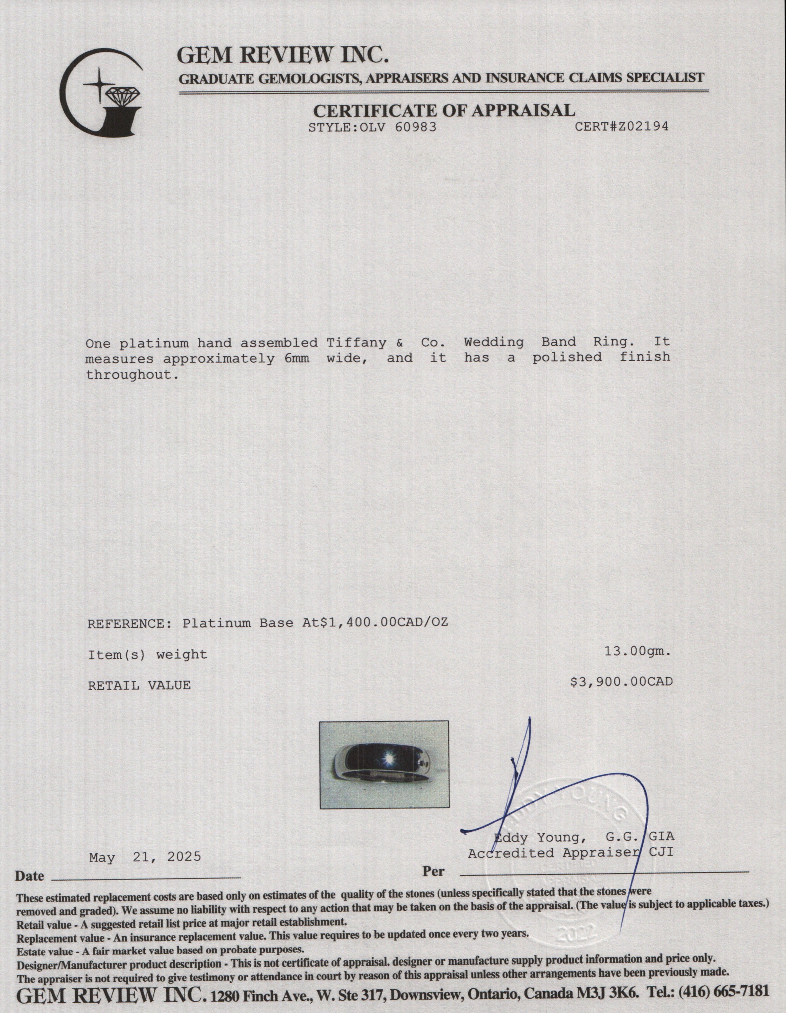 Tiffany & Co. Platinum 6 MM Wedding Band Ring, Size 9