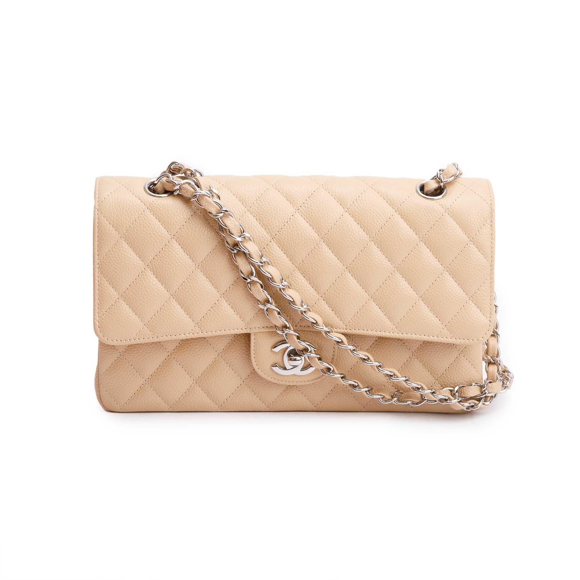 Chanel Beige Quilted Caviar Leather Classic Medium Double Flap Bag w/ Box & Authenticity Card