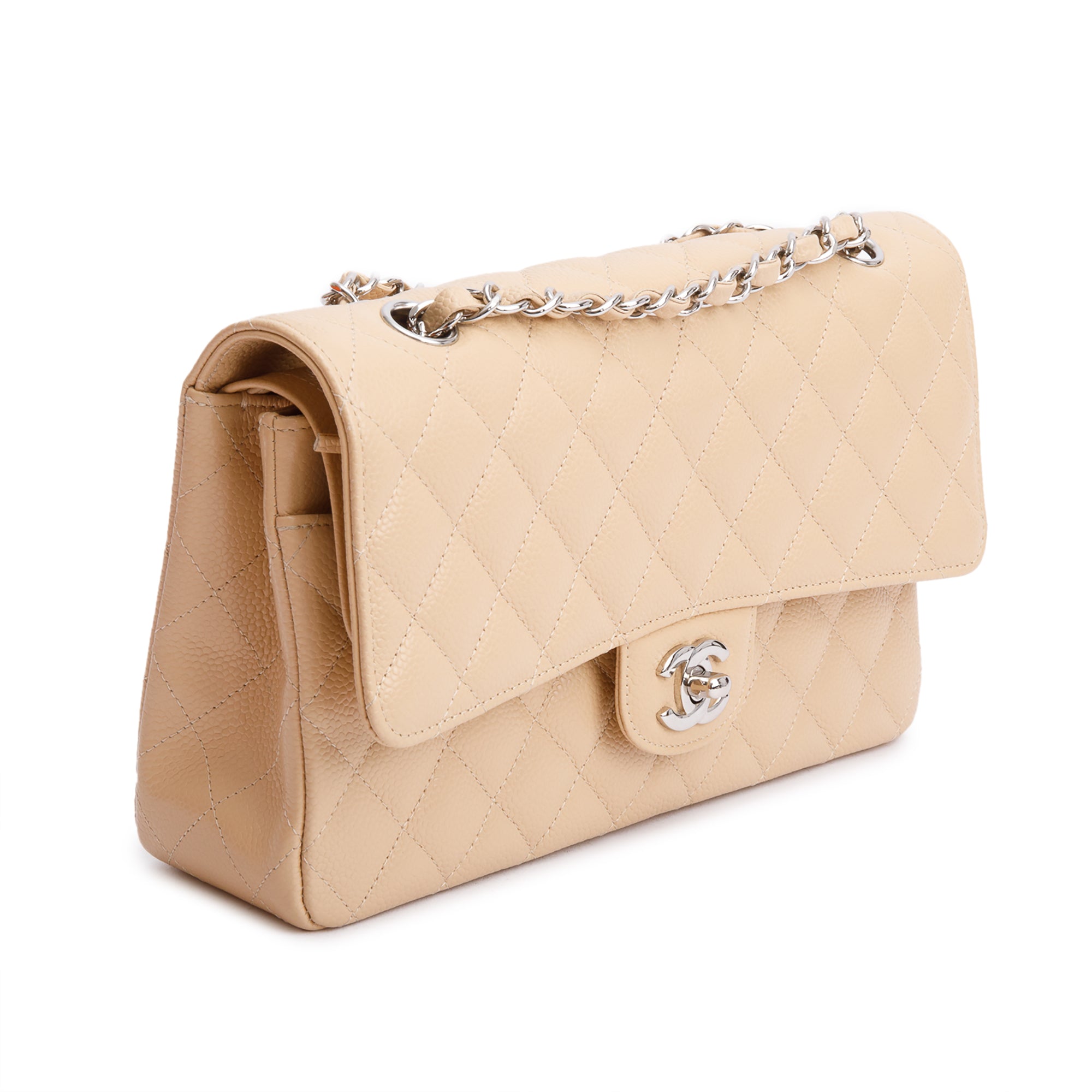 Chanel Beige Quilted Caviar Leather Classic Medium Double Flap Bag w/ Box & Authenticity Card
