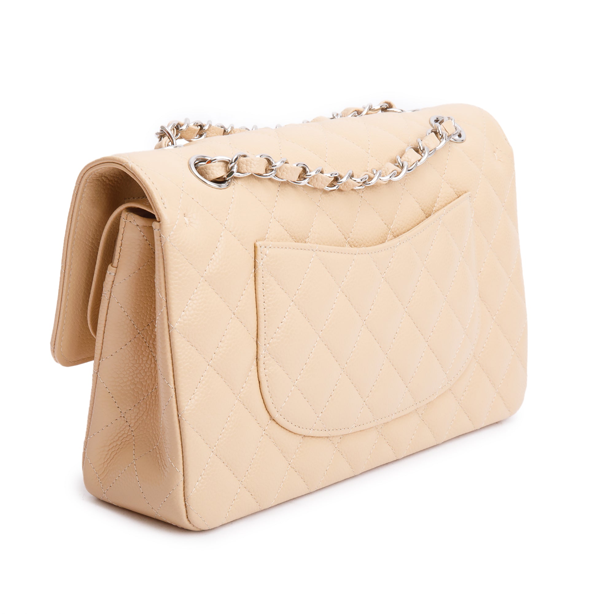 Chanel Beige Quilted Caviar Leather Classic Medium Double Flap Bag w/ Box & Authenticity Card