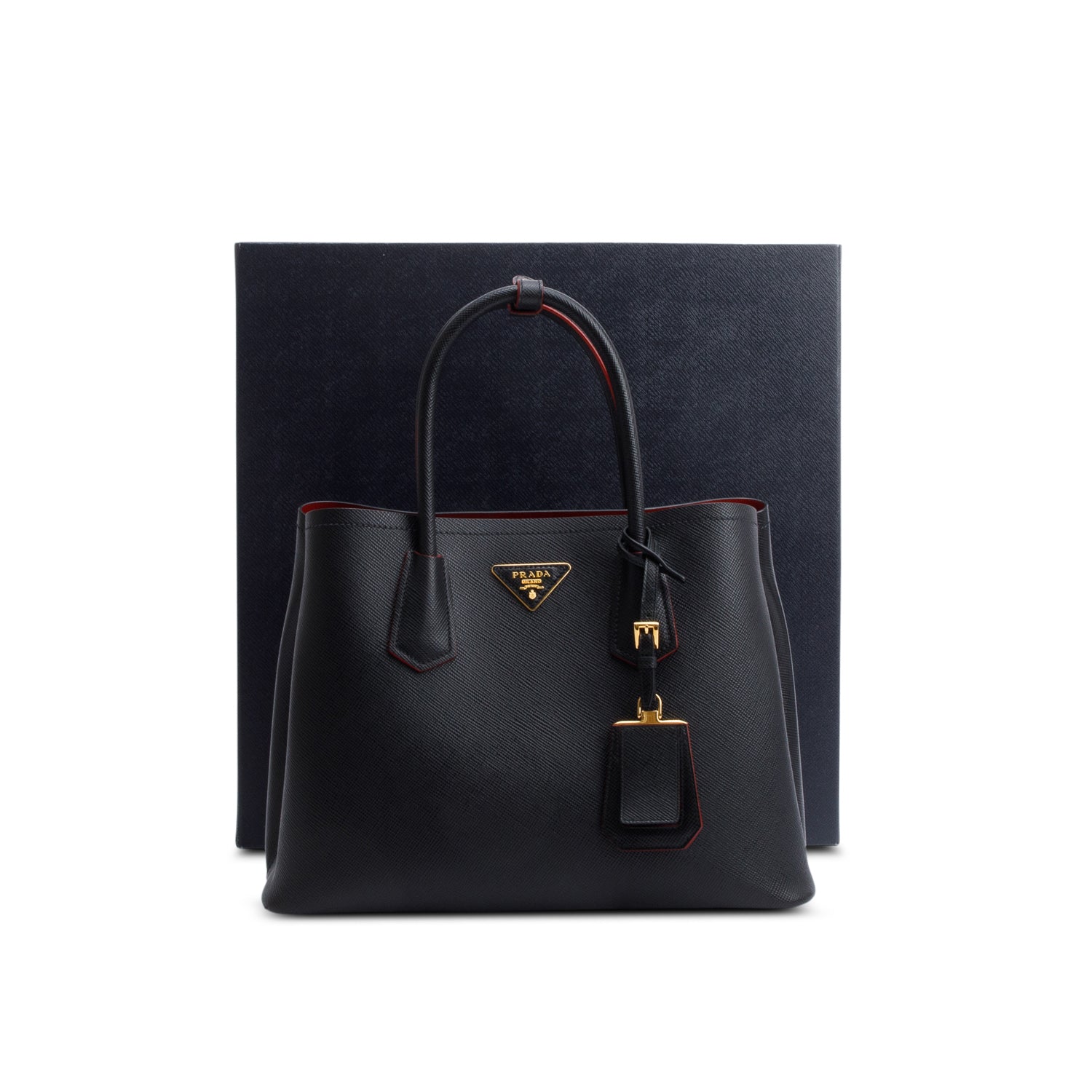 Prada Black Saffiano Lux Medium Cuir Double Tote w/ Strap, Box & Authenticity Card