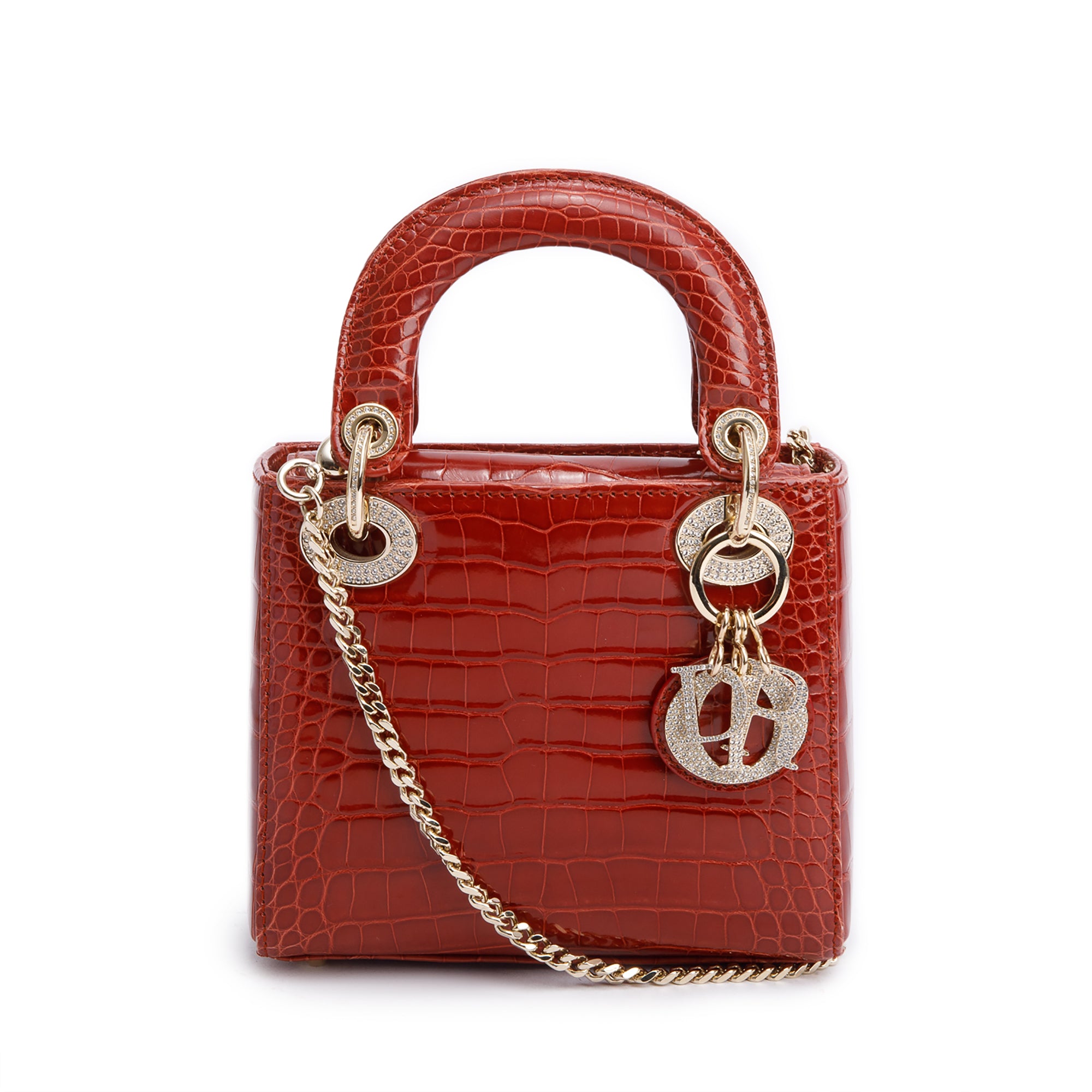 Christian Dior Red Crocodile Crystal Embellished Mini Lady Dior Bag w/ Strap, Box, Receipt & Authenticity Card