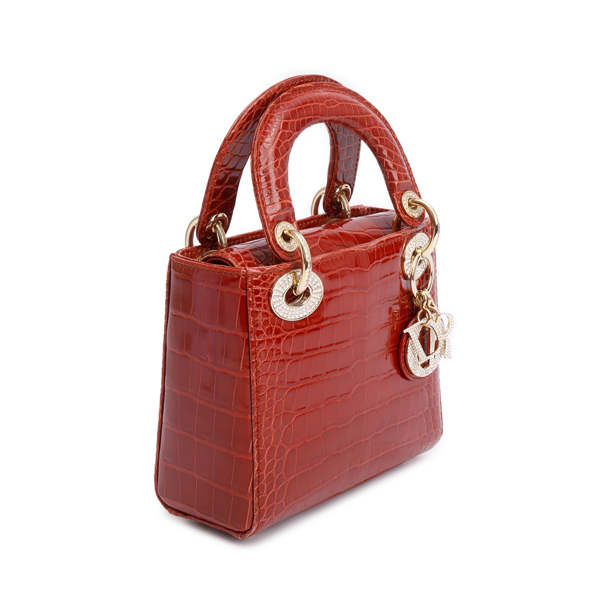 Christian Dior Red Crocodile Crystal Embellished Mini Lady Dior Bag w/ Strap, Box, Receipt & Authenticity Card