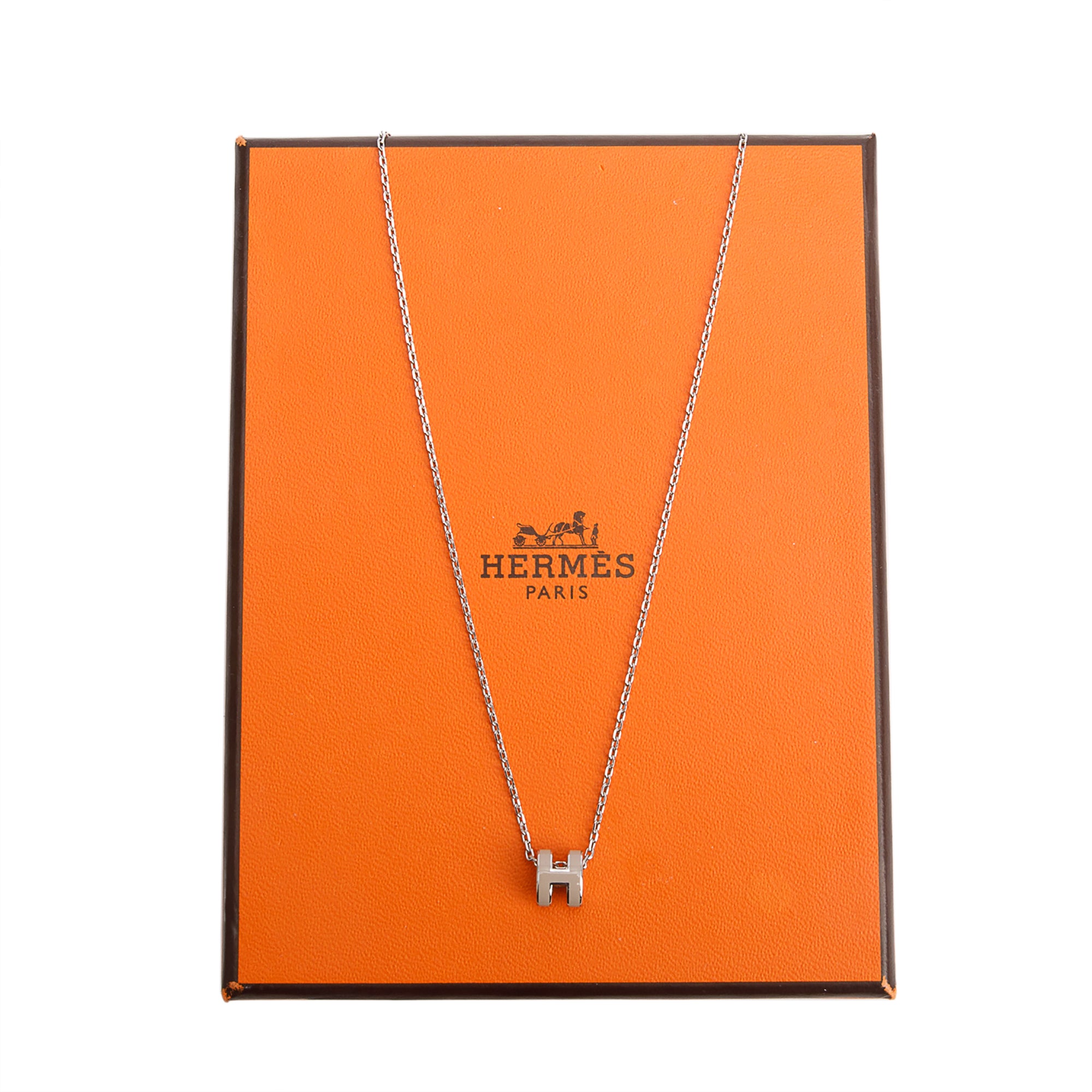 Hermes Palladium Plated Marron Glace Lacquered Mini Pop H Pendant Necklace w/ Box
