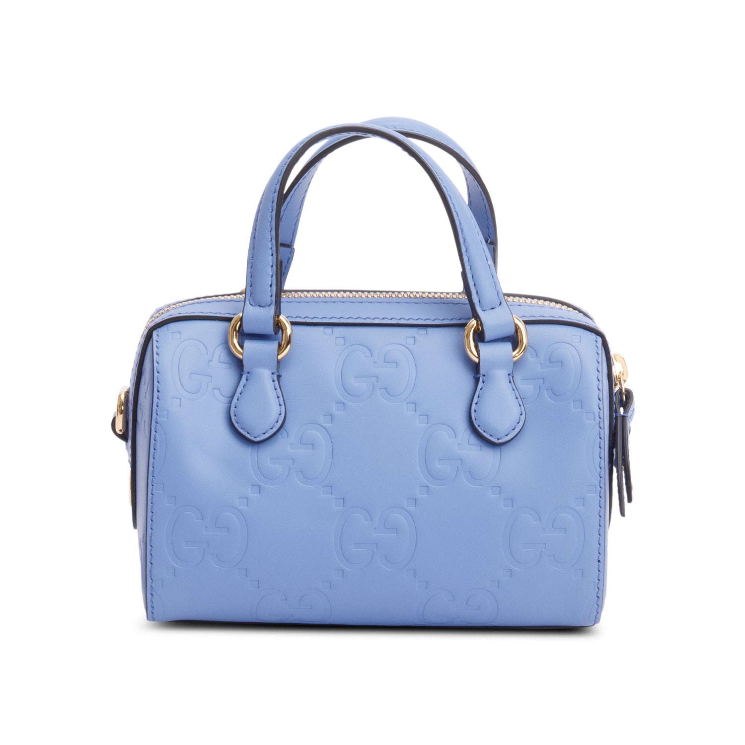 Gucci Blue Embossed GG Calfskin Leather Mini Boston Top Handle Bag w/ Strap & Box