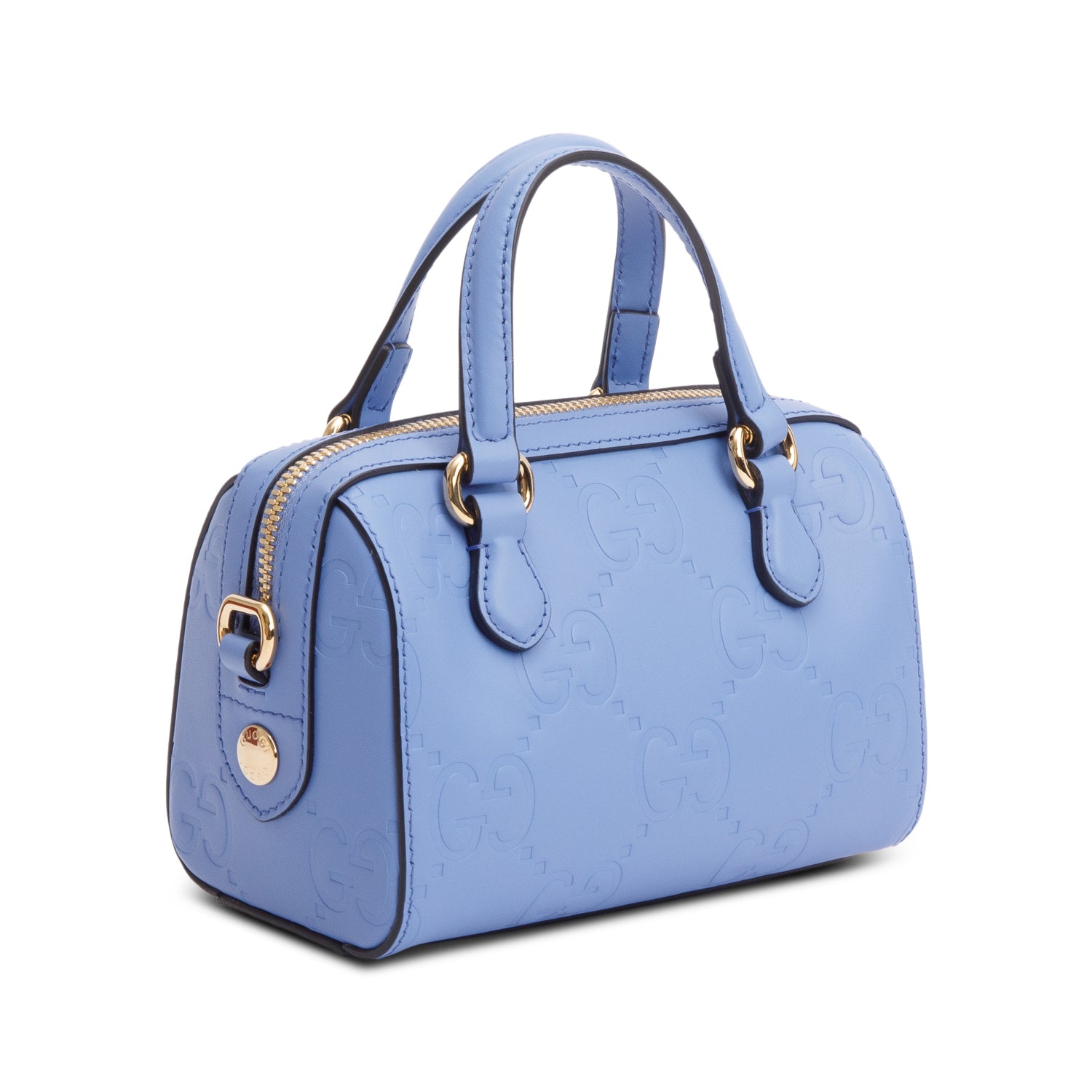 Gucci Blue Embossed GG Calfskin Leather Mini Boston Top Handle Bag w/ Strap & Box