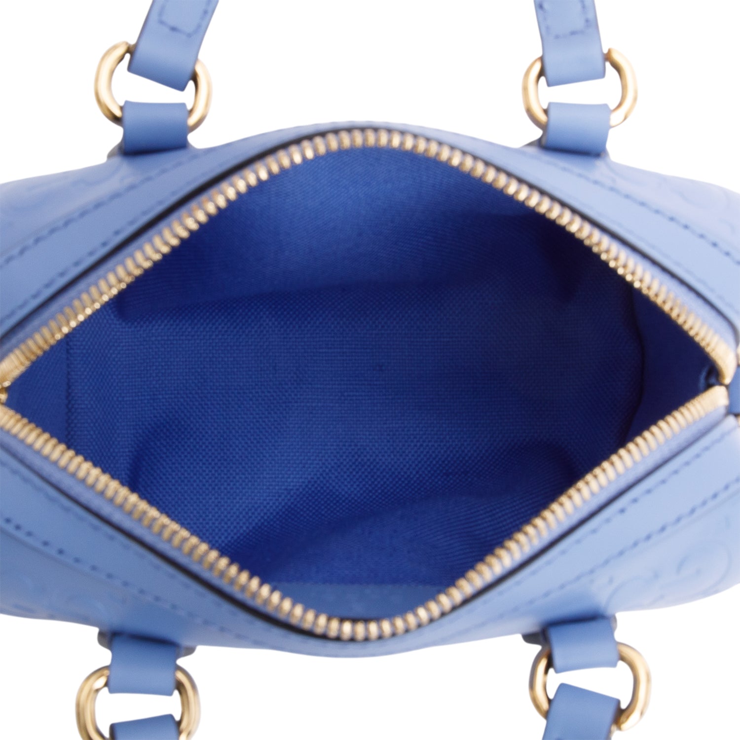 Gucci Blue Embossed GG Calfskin Leather Mini Boston Top Handle Bag w/ Strap & Box