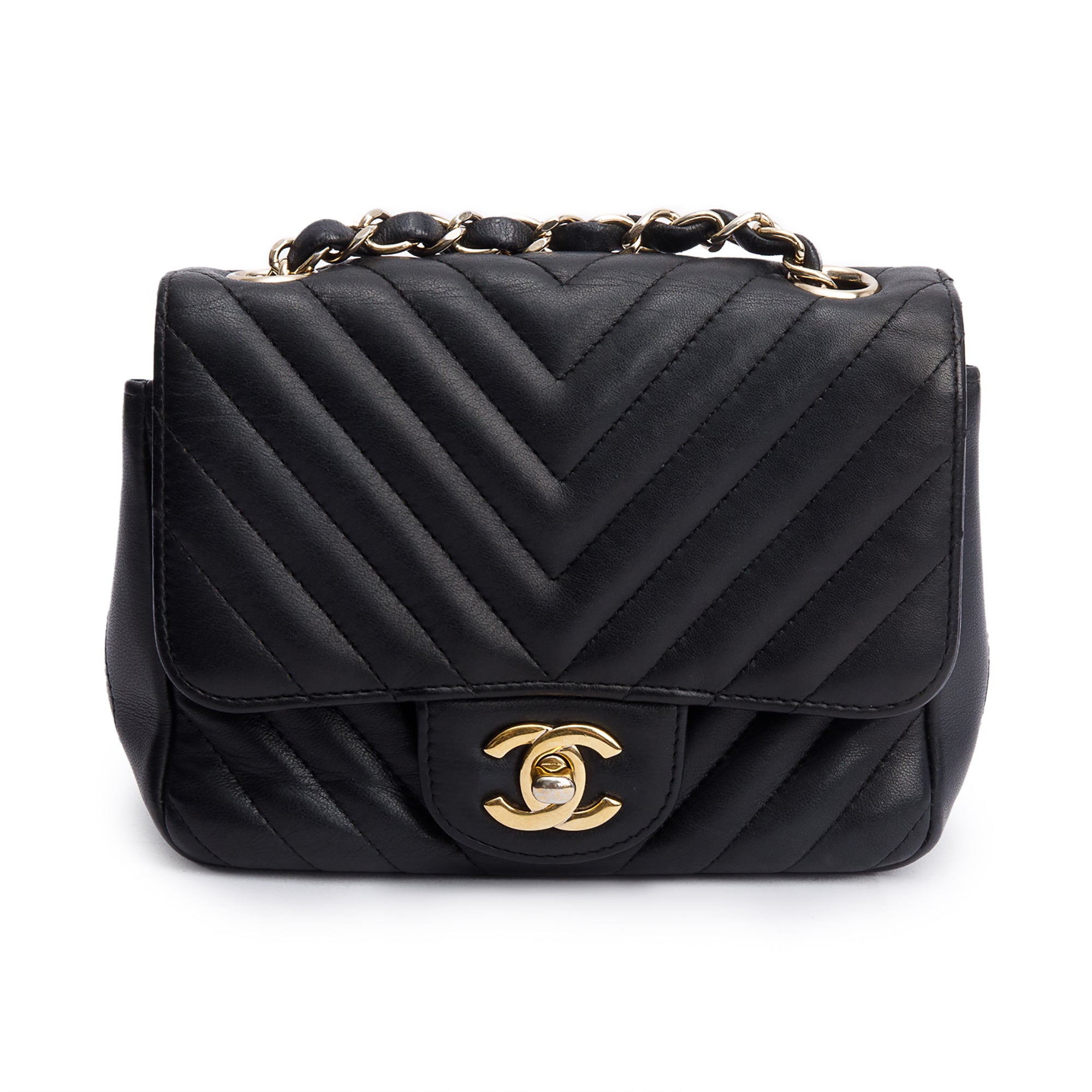 Chanel Black Chevron Quilted Lambskin Leather Classic Square Mini Flap Bag