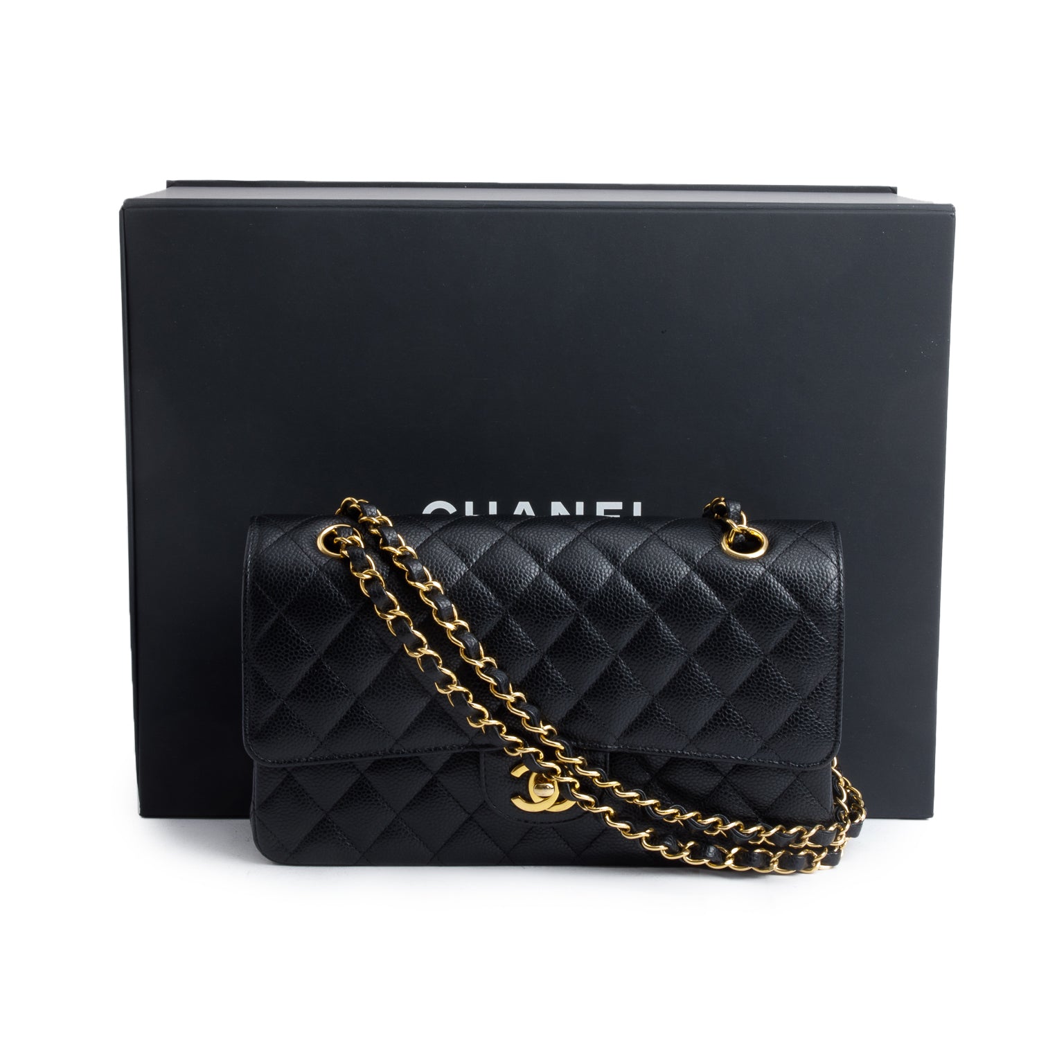 Chanel Black Quilted Caviar Leather Classic Medium Double Flap Bag w/ Box