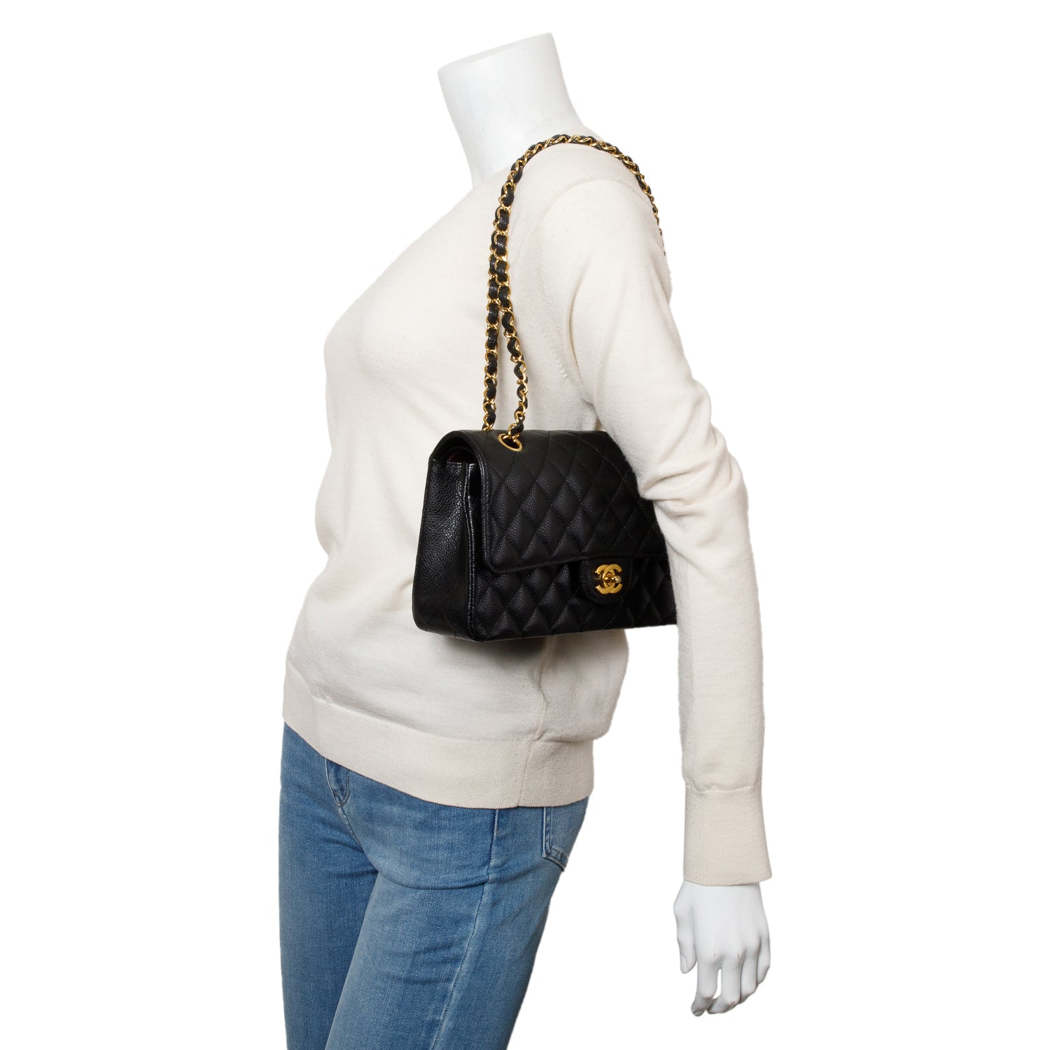 Chanel Black Quilted Caviar Leather Classic Medium Double Flap Bag w/ Box