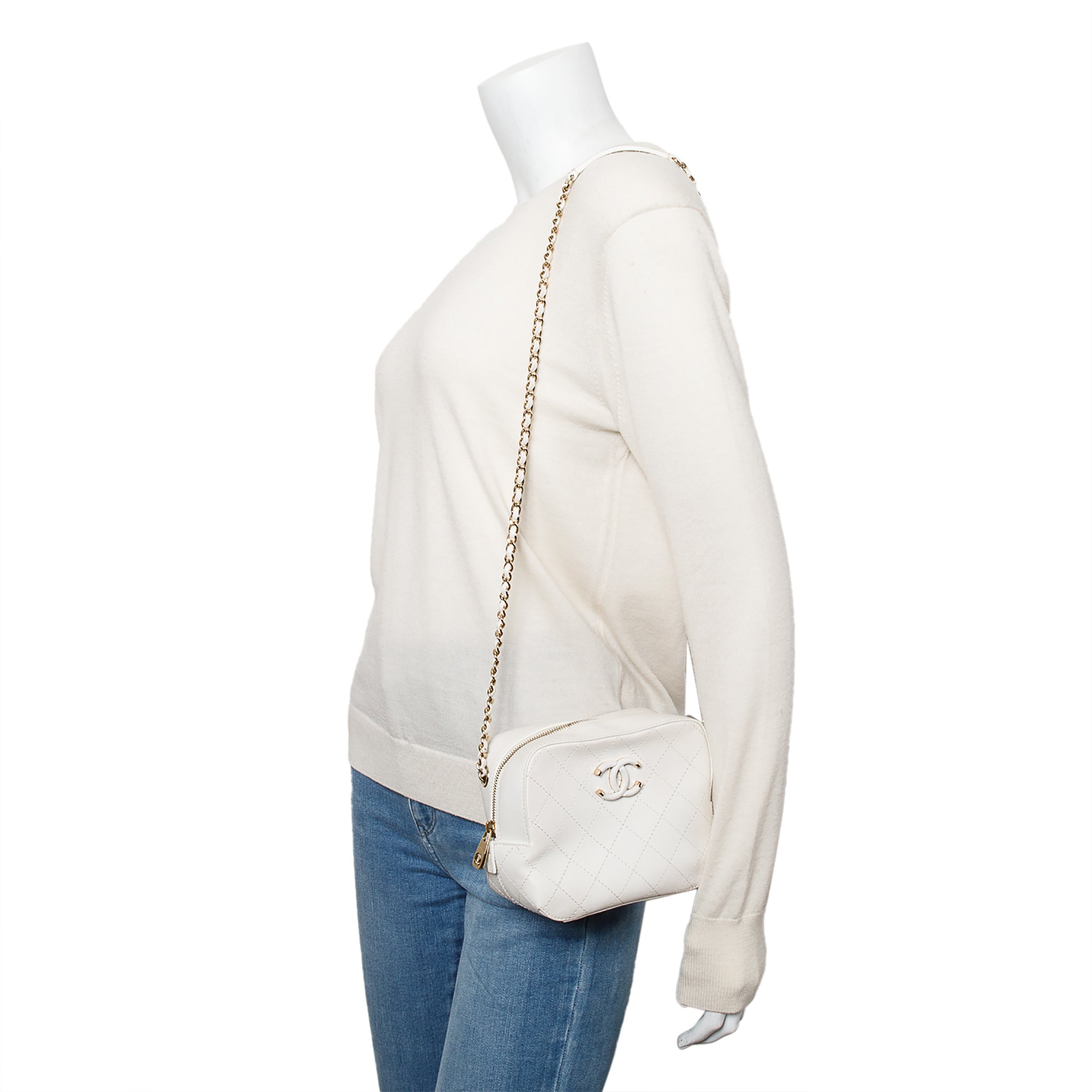 Chanel White Calfskin Leather Stitched Enamel CC Camera Bag