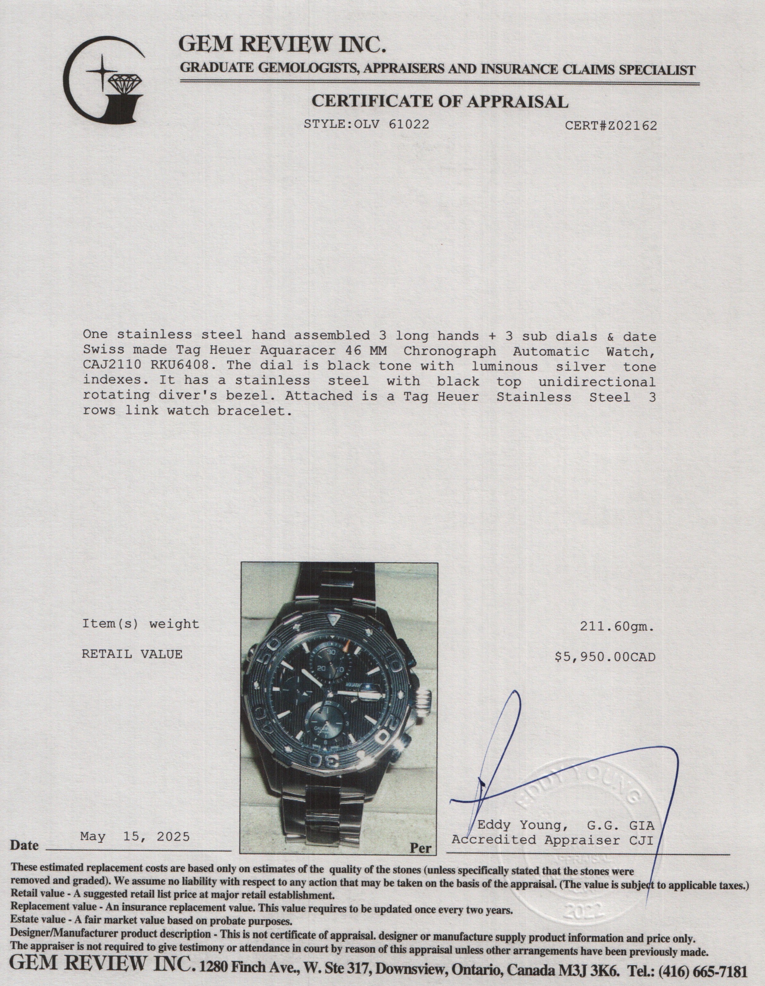 Tag Heuer Stainless Steel Aquaracer 46 MM Chronograph Automatic Watch Black Dial CAJ2110 w/ Box & Papers