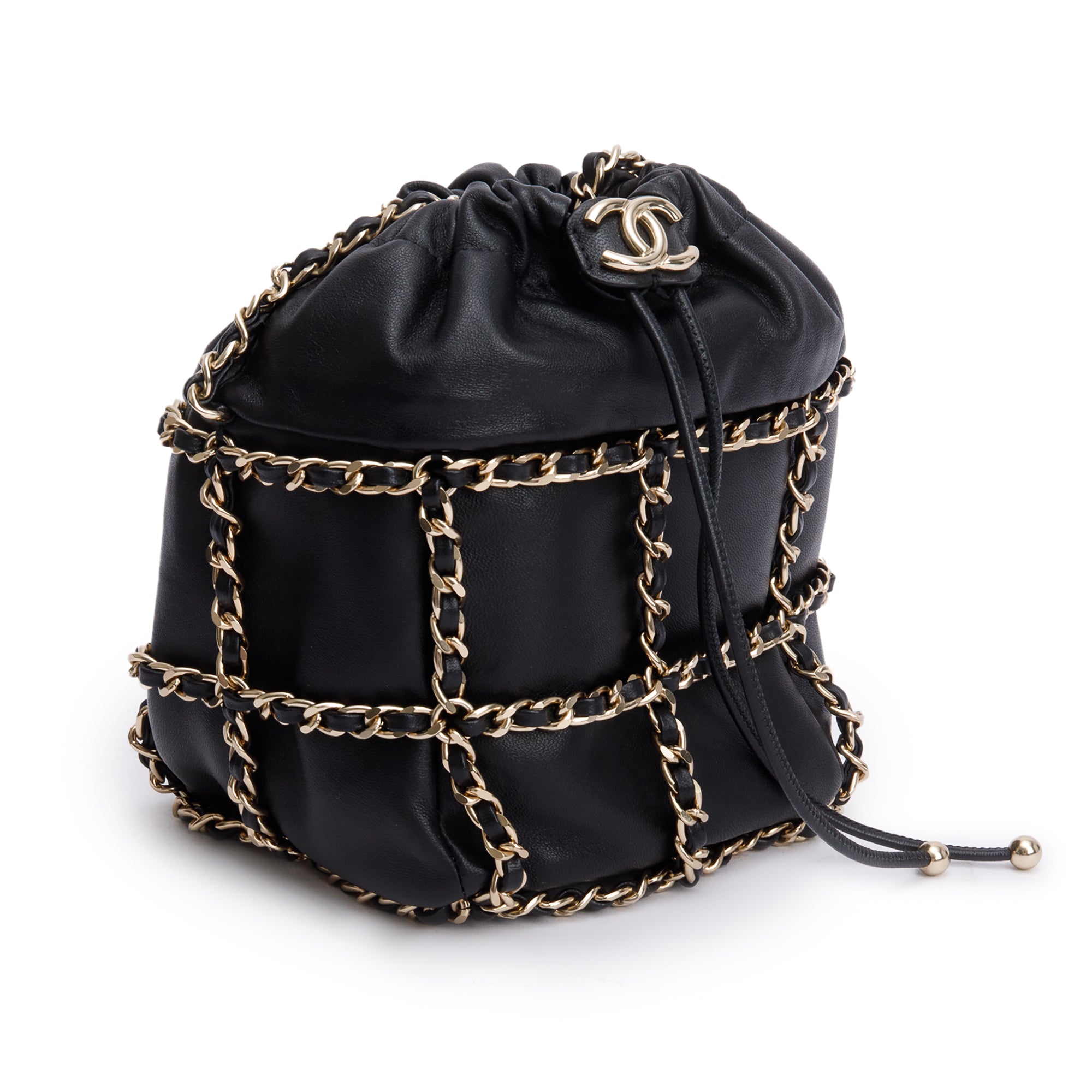 Chanel 2020 Black Lambskin Leather Chain Cage Bucket Bag w/ Authenticity Card