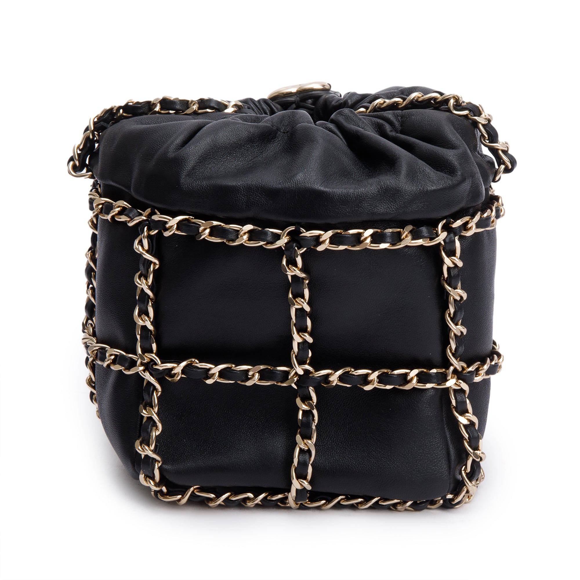 Chanel 2020 Black Lambskin Leather Chain Cage Bucket Bag w/ Authenticity Card