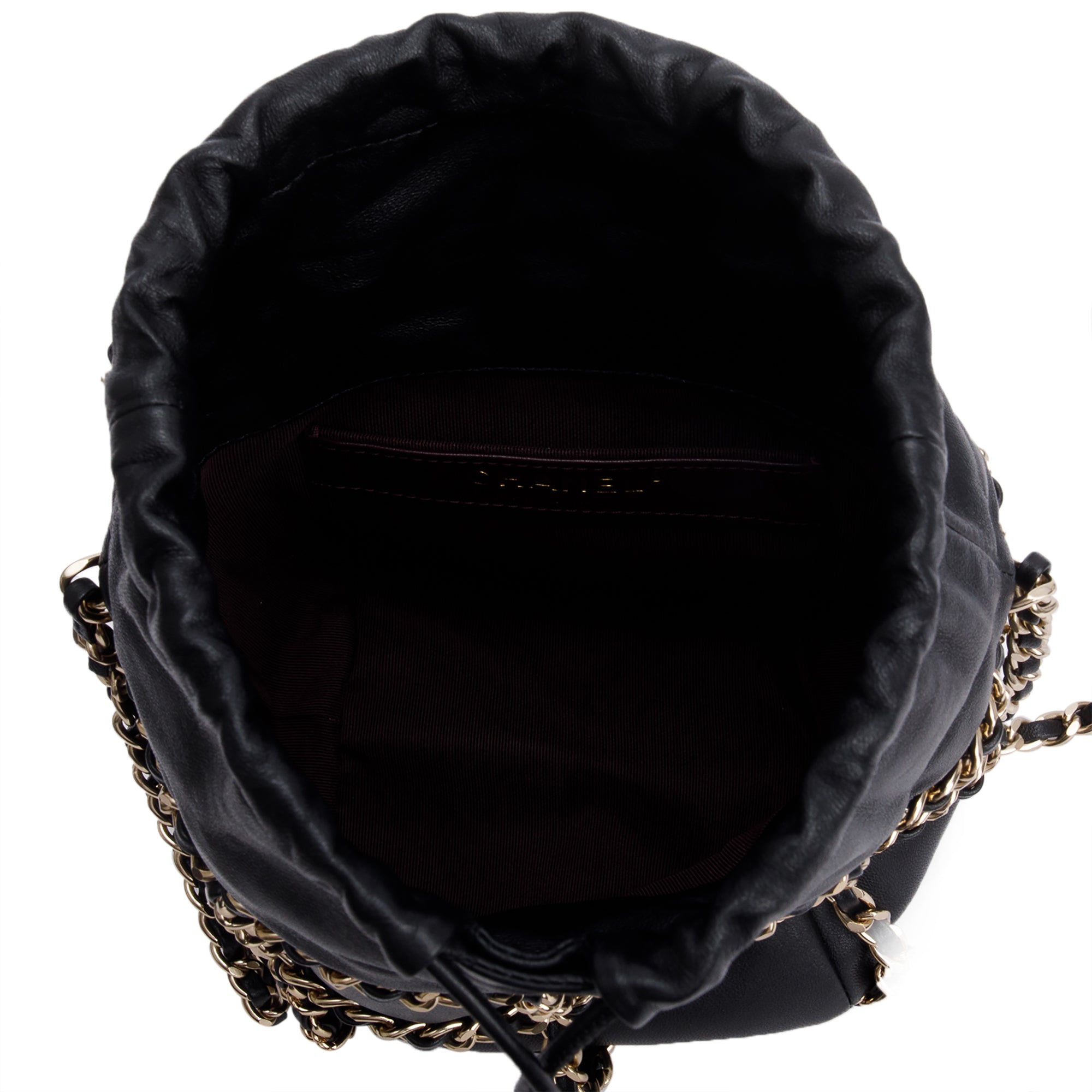 Chanel 2020 Black Lambskin Leather Chain Cage Bucket Bag w/ Authenticity Card
