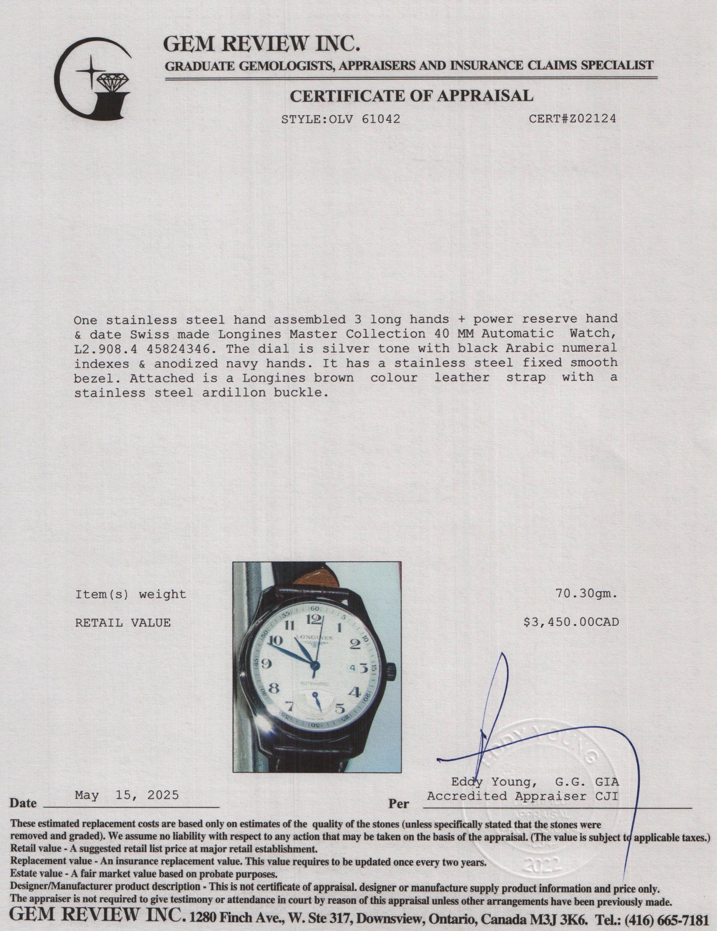 Longines Stainless Steel Master Collection 40 MM Automatic Watch w/ Box & Papers