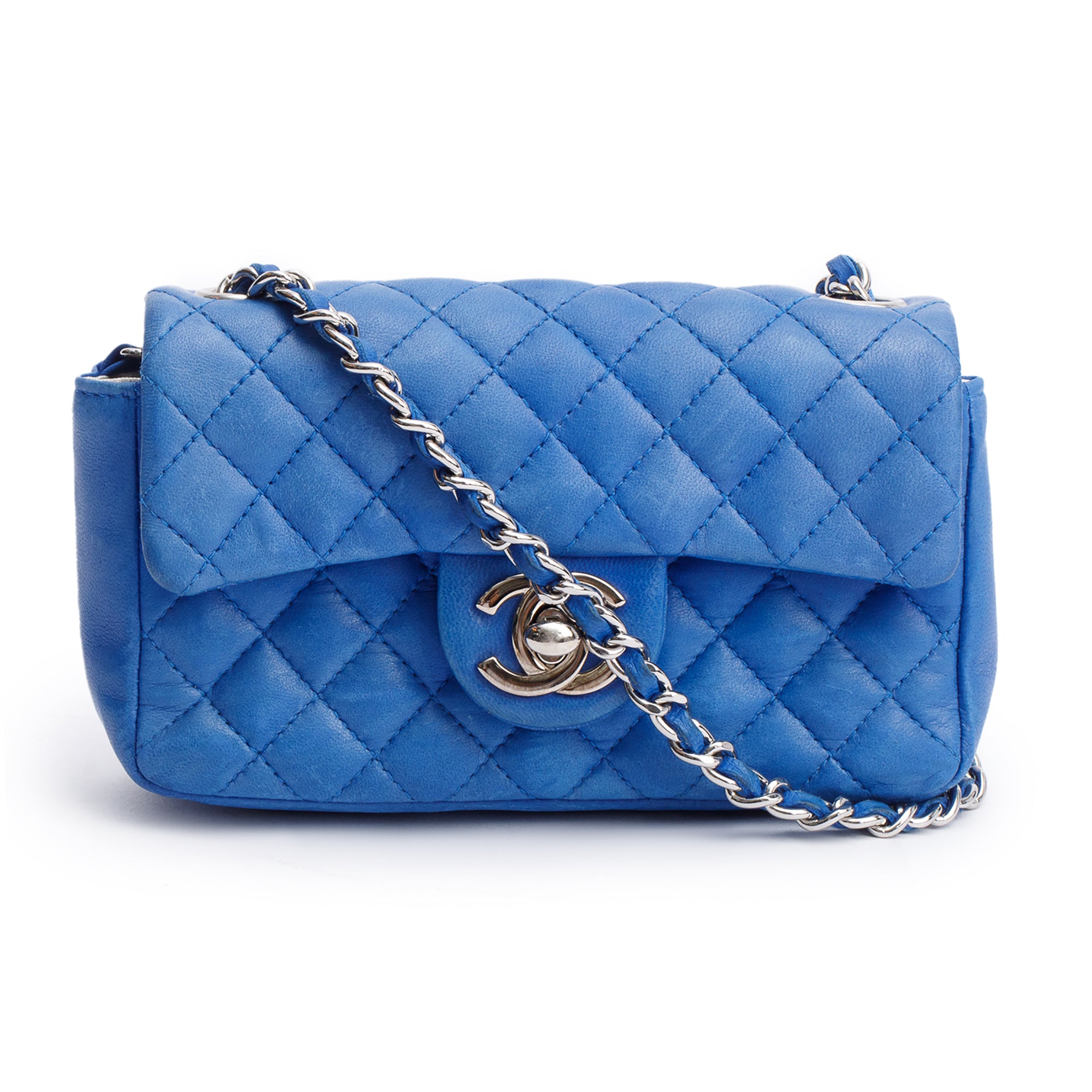 Chanel Vintage Blue Lambskin Leather Classic Extra Mini Rectangular Flap Bag