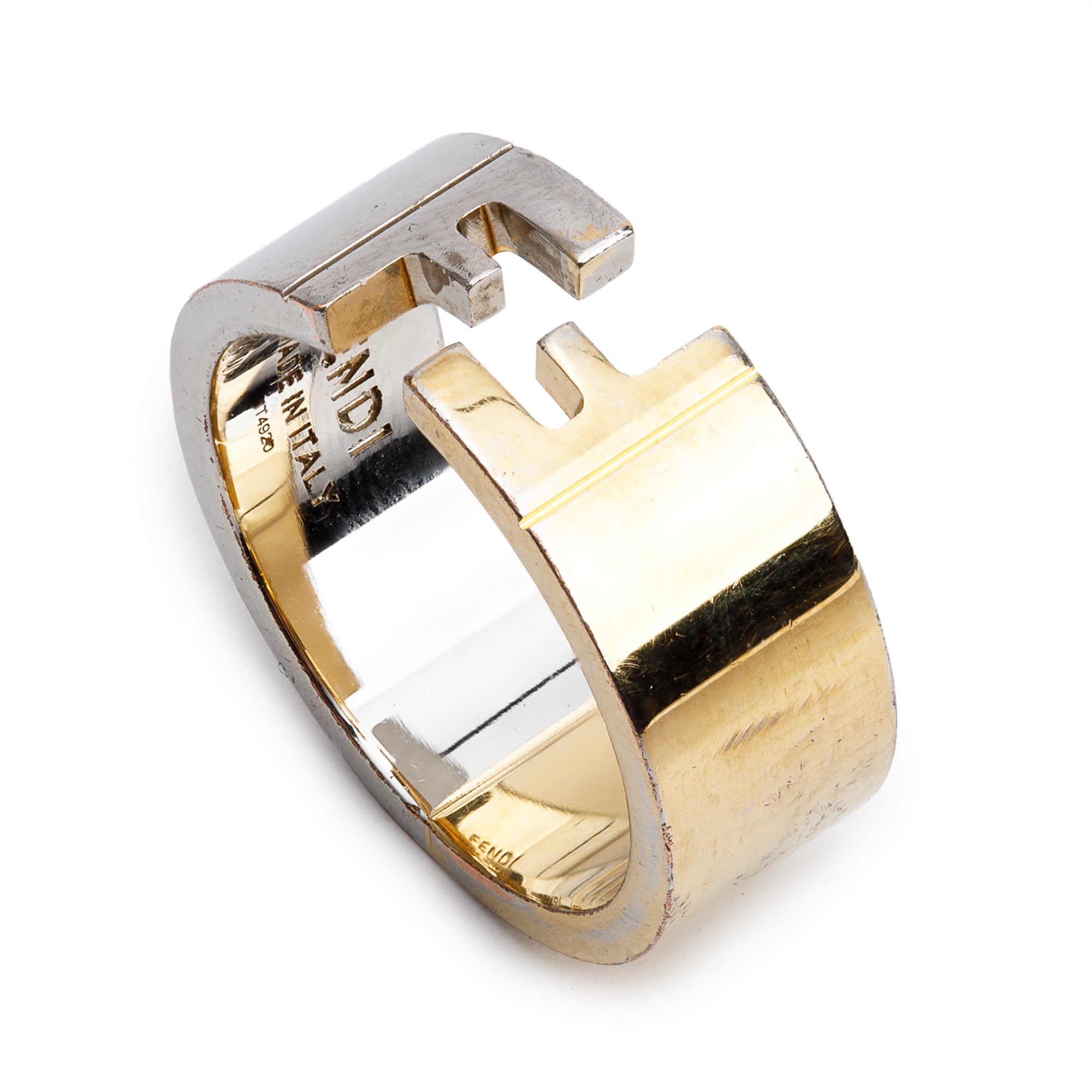 Fendi 2021 Gold-Plated and Palladium-Plated Brass Anello FF Band Ring, Size M  10 w/ Box