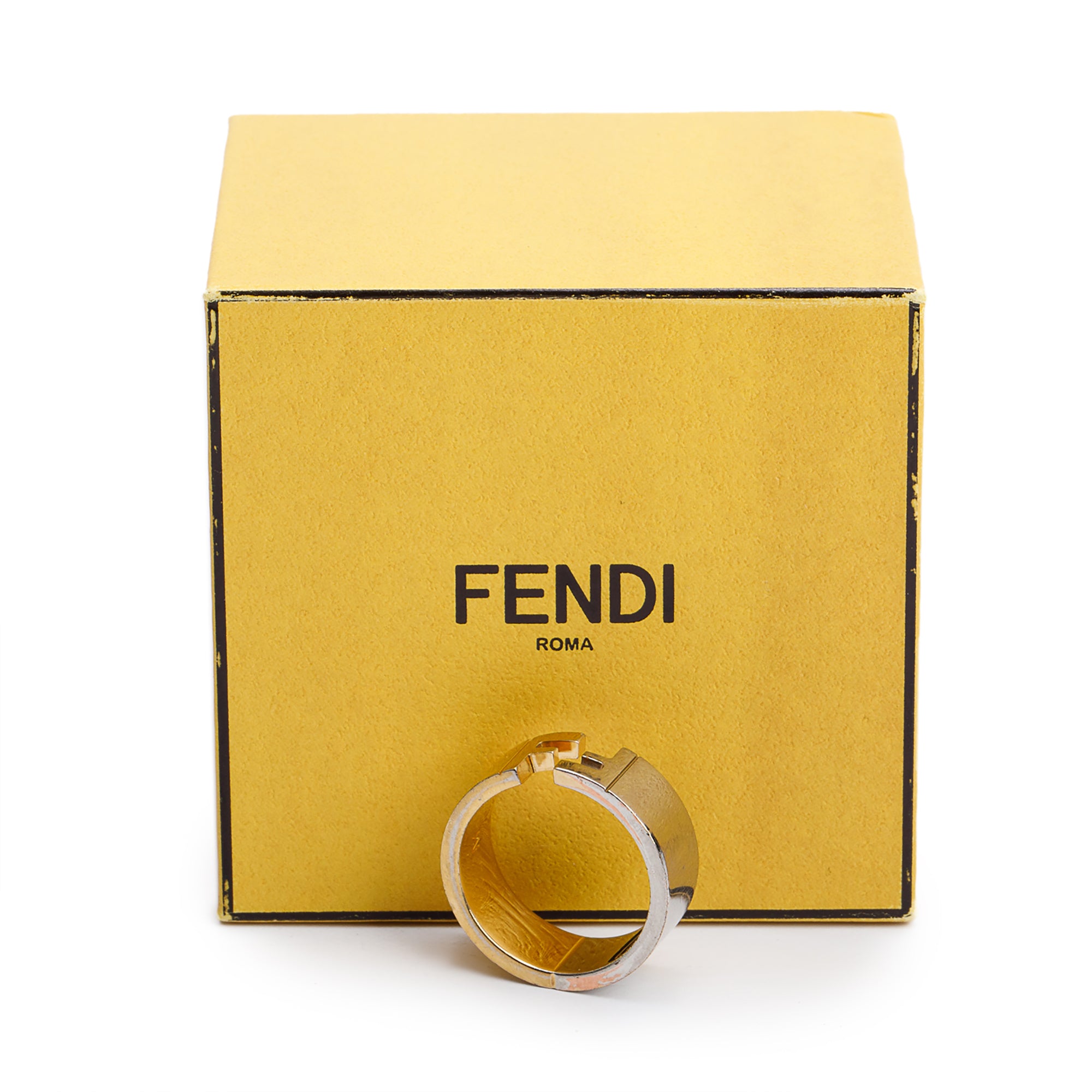 Fendi 2021 Gold-Plated and Palladium-Plated Brass Anello FF Band Ring, Size M  10 w/ Box