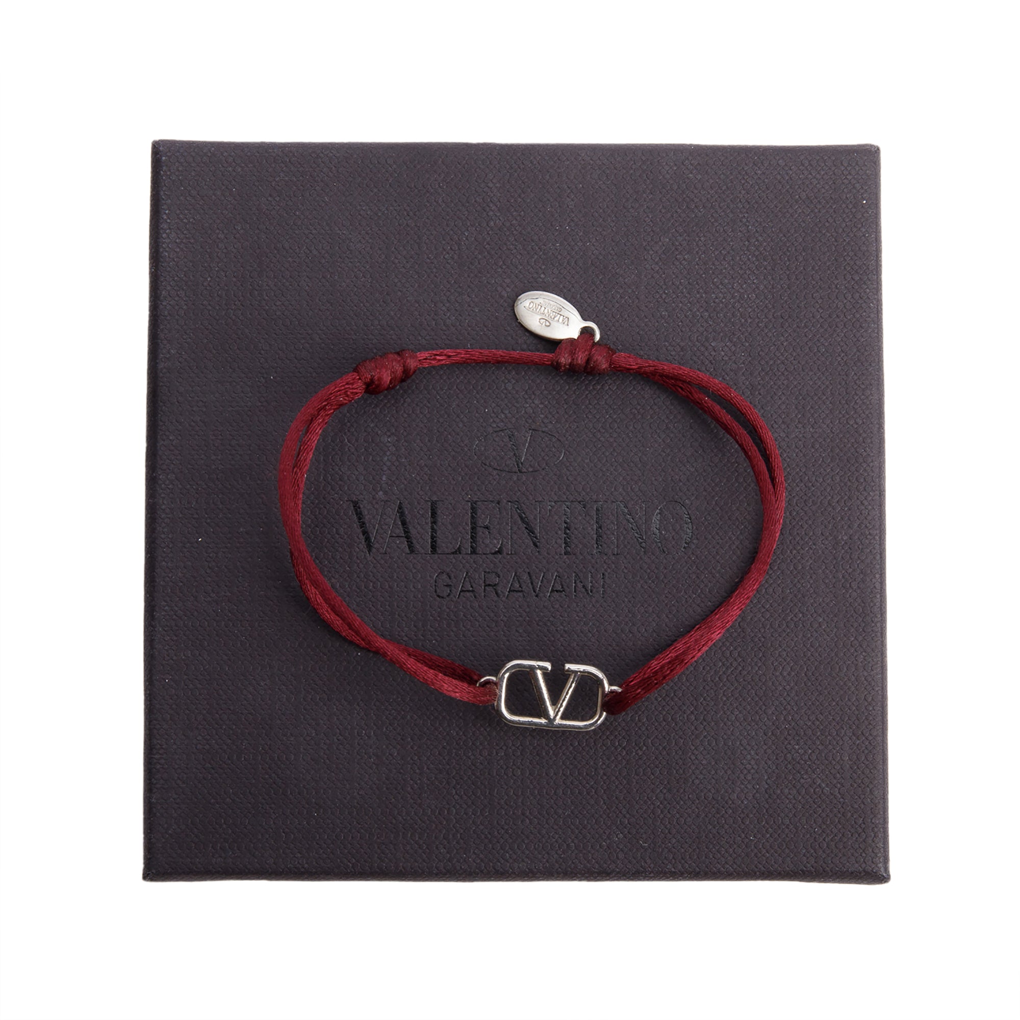 Valentino Burgundy Cotton Palladium Plated Vlogo Signature Wrap Bracelet w/ Box