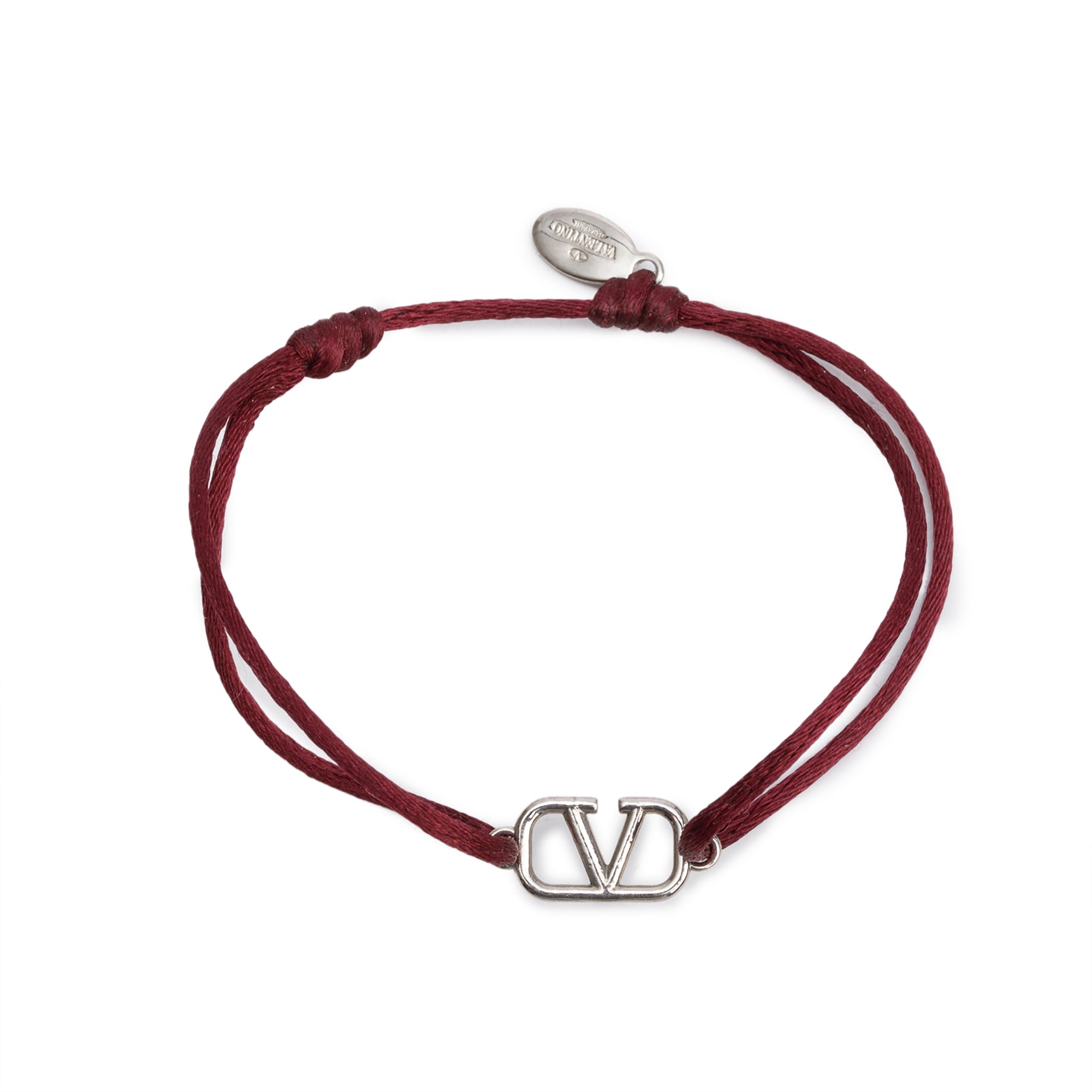 Valentino Burgundy Cotton Palladium Plated Vlogo Signature Wrap Bracelet w/ Box